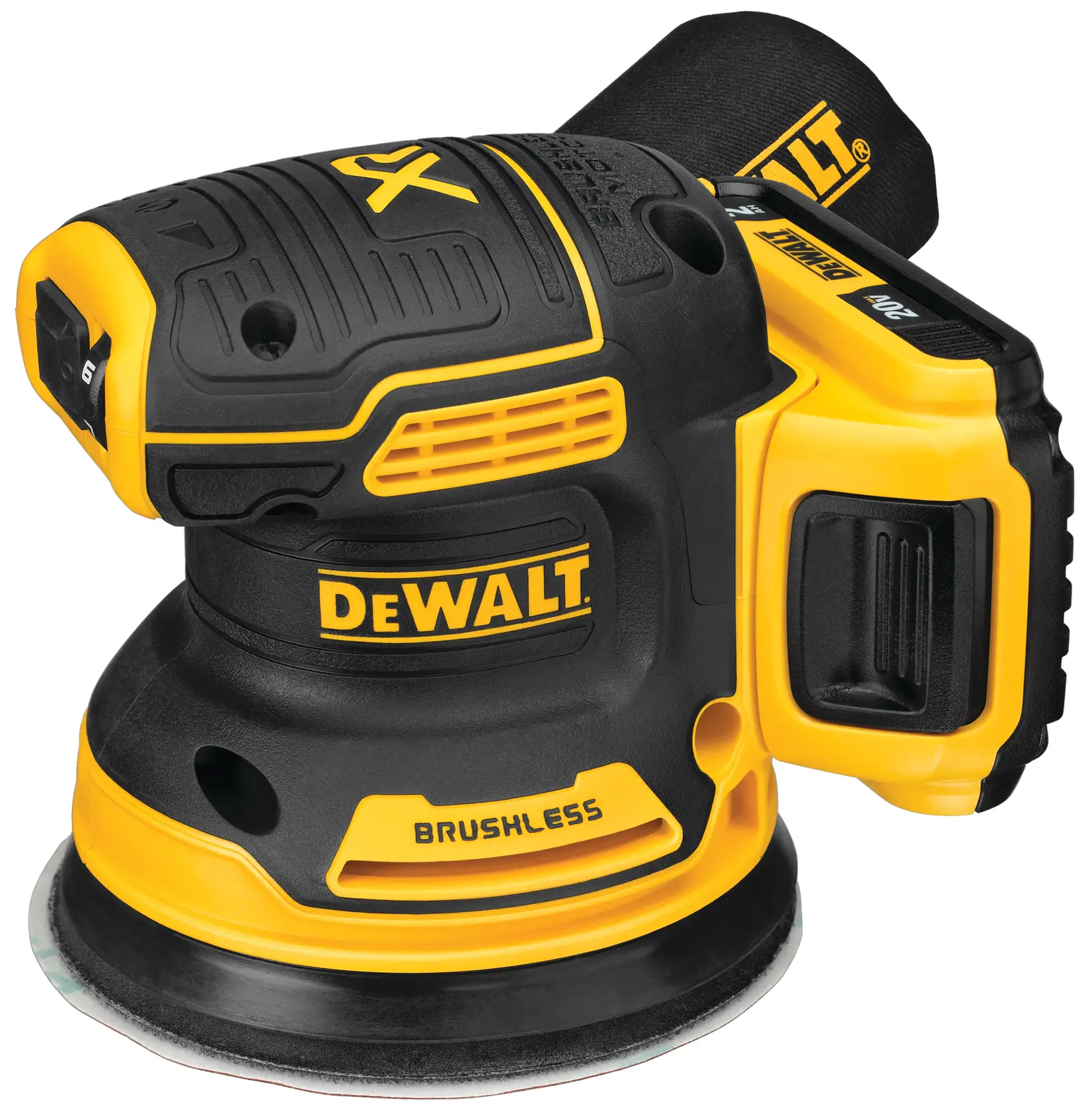 A DEWALT-brand cordless brushless random orbital sander, model DCW210D1, featuring a black and yellow design with a dust bag attachment.