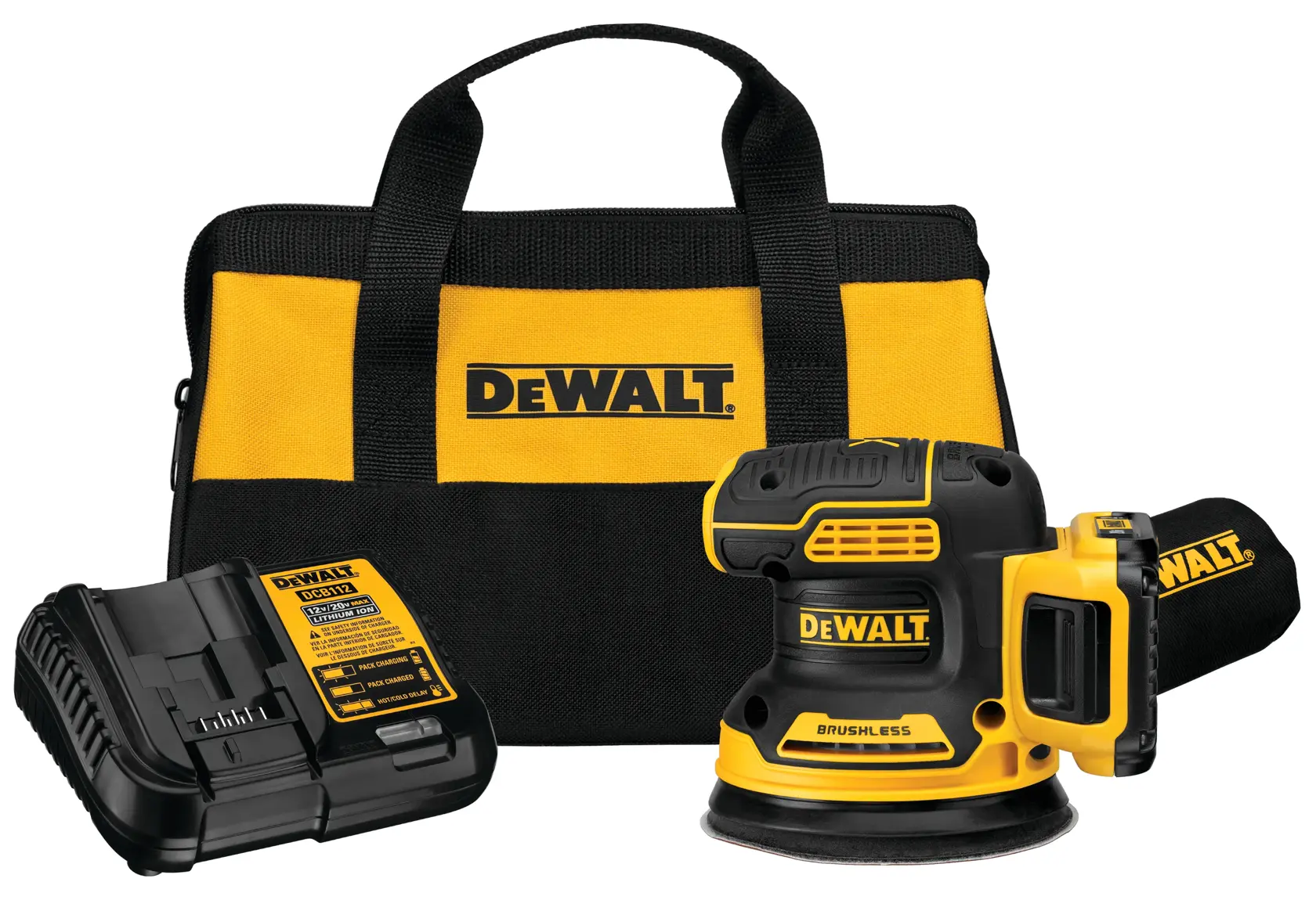 A DEWALT cordless brushless random orbital sander kit, including a yellow and black sander, a battery charger, and a matching DEWALT-branded carrying bag.