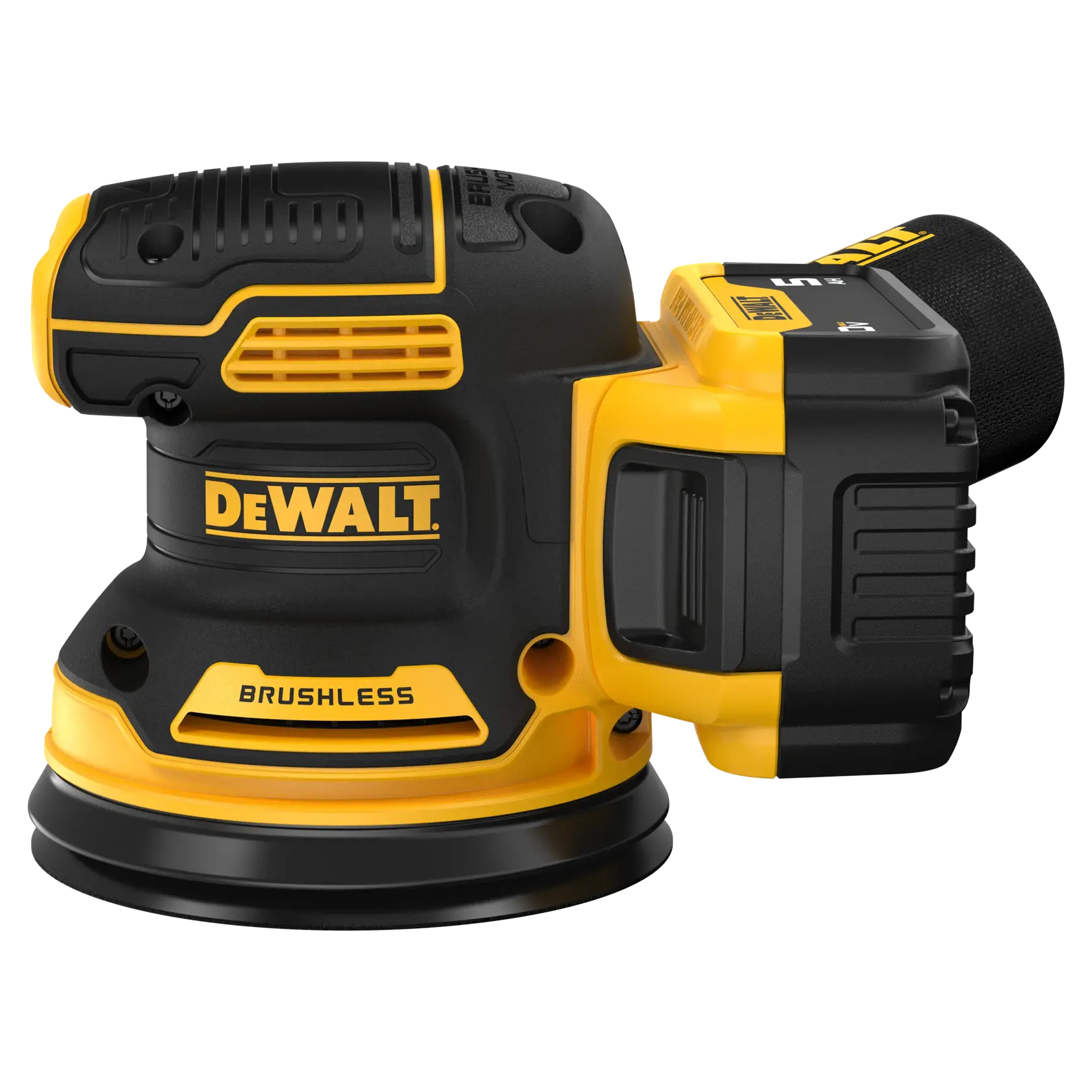 A DEWALT cordless brushless sander with a yellow and black design, featuring a round sanding pad and a dust collection bag.