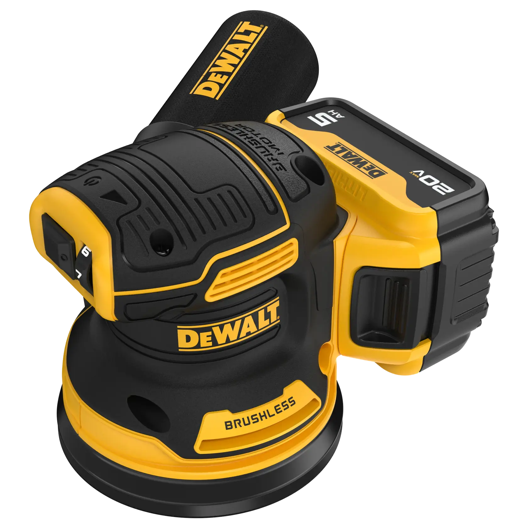 DEWALT cordless brushless sander with 20V battery, black and yellow, shown from angled view.