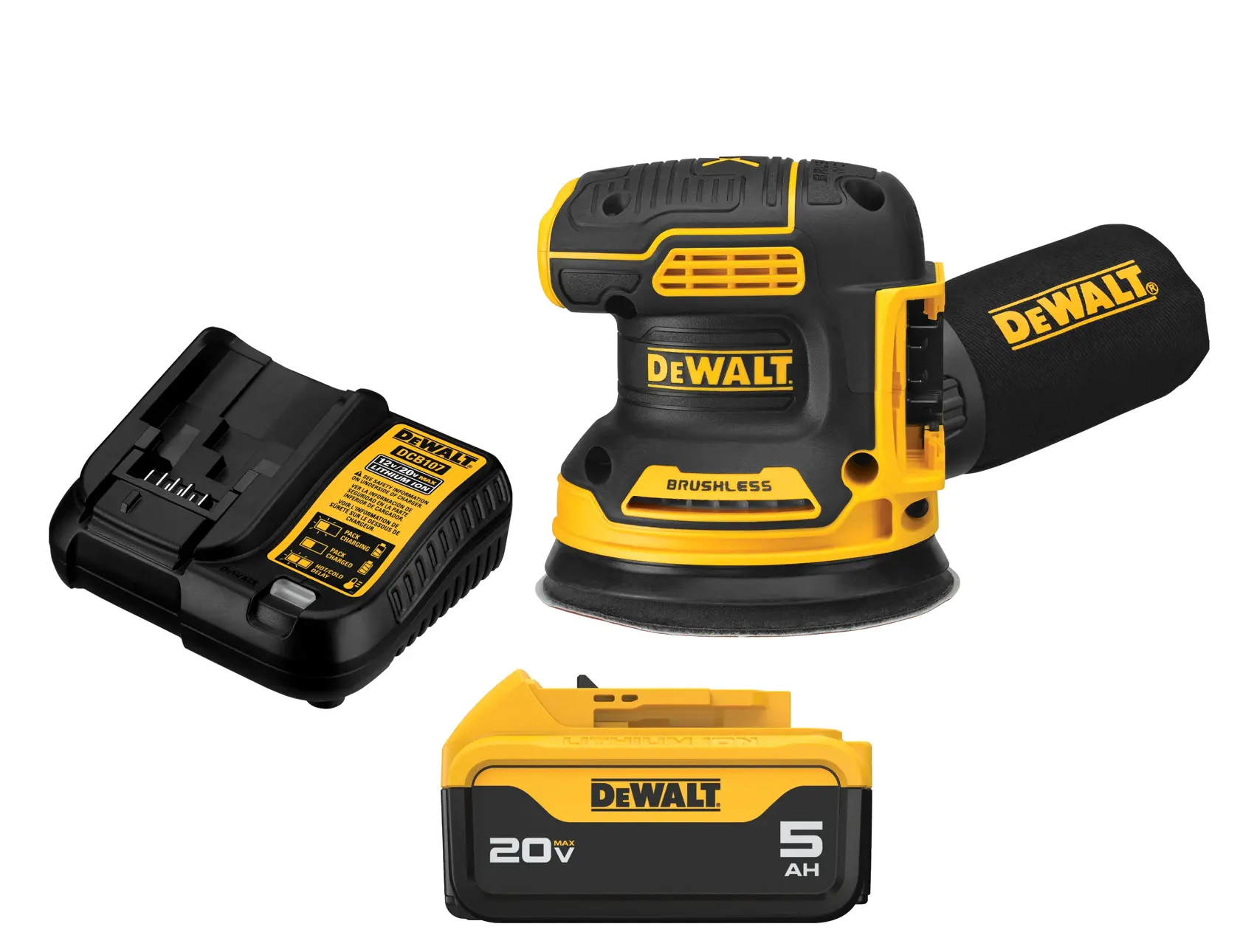 A DEWALT DCW210P1 cordless brushless random orbital sander in black and yellow colors, featuring a round sanding pad and a dust collection bag attached at the back.