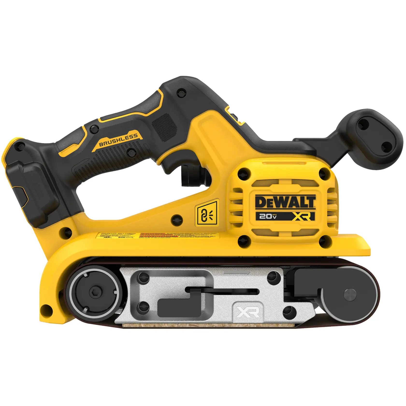 A DEWALT 20V XR cordless brushless belt sander with a yellow and black design. The tool features a handle, belt mechanism, and DEWALT branding on its side.
