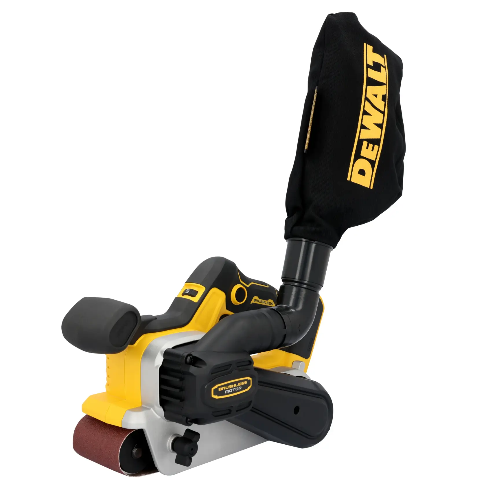 A DEWALT cordless belt sander with a dust collection bag attached, featuring a yellow and black design and labeled brushless motor.