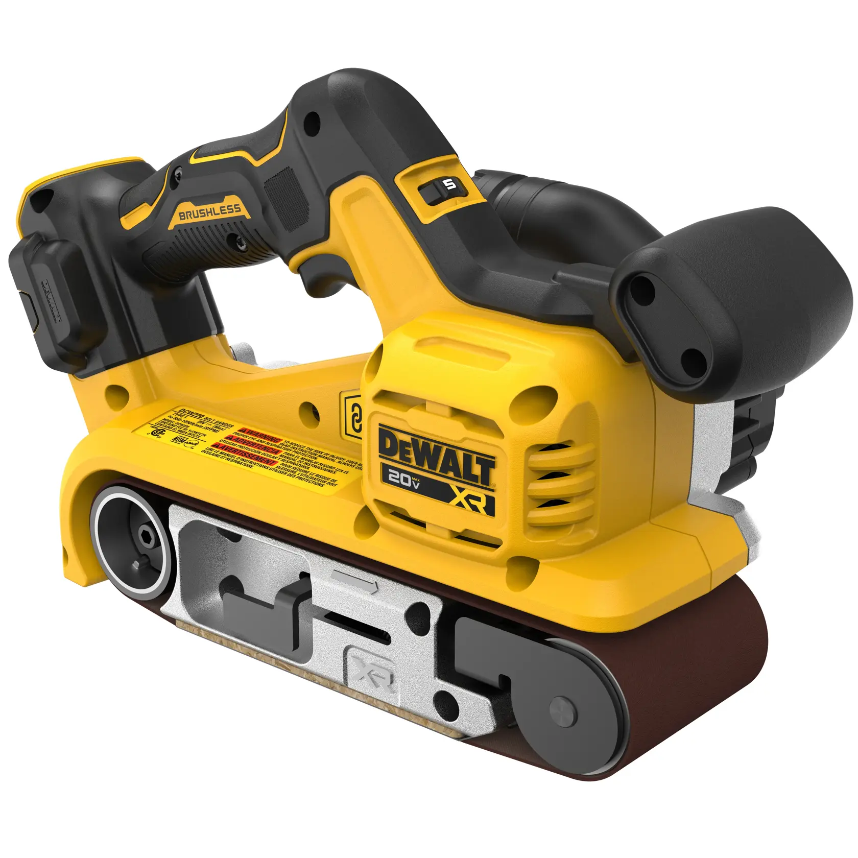 A DEWALT 20V XR brushless cordless belt sander with yellow and black casing, showing its sanding belt and ergonomic handle.