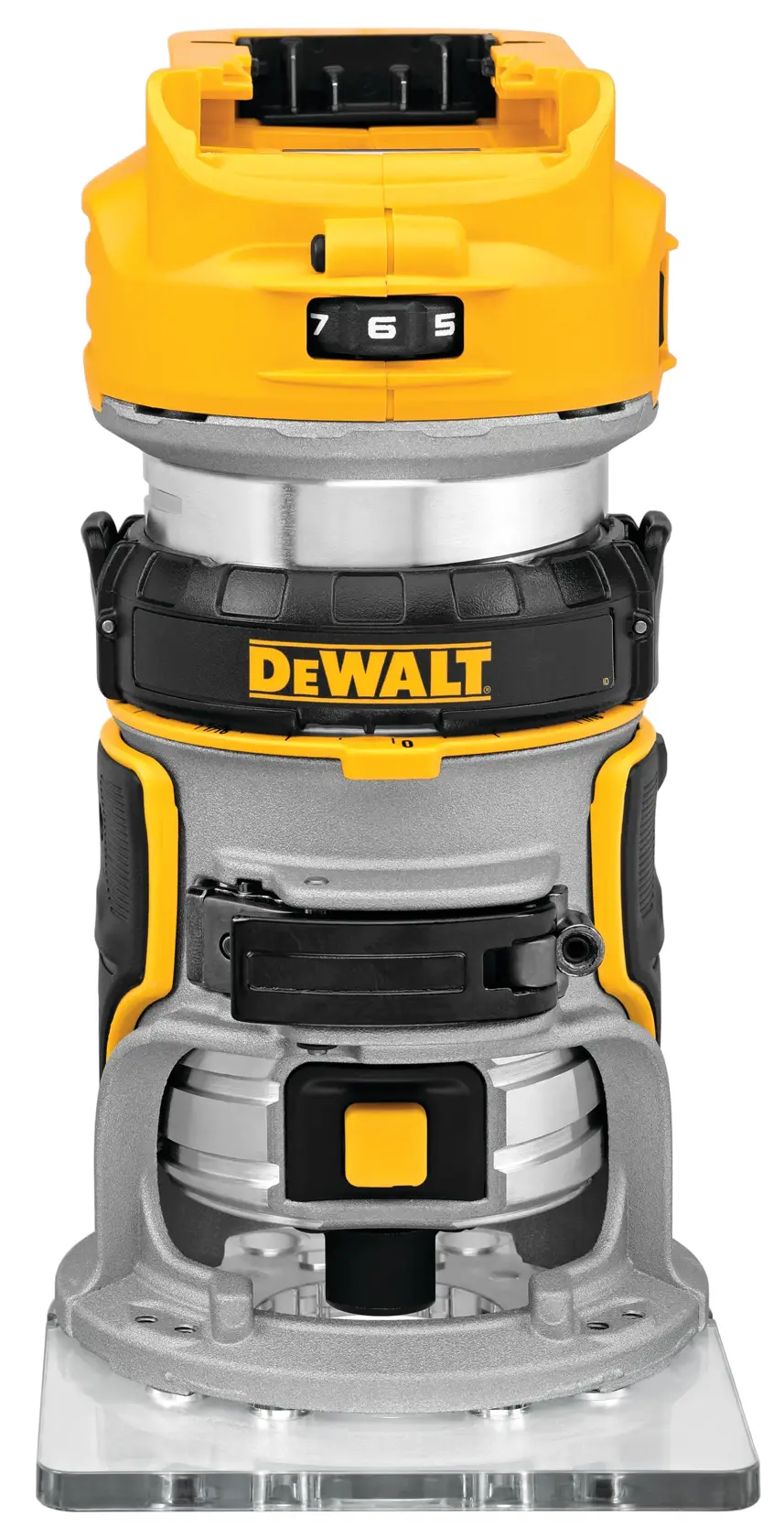 Front view of a DEWALT DCW600B cordless router, featuring a yellow and black design with visible adjustment dial and DEWALT logo.