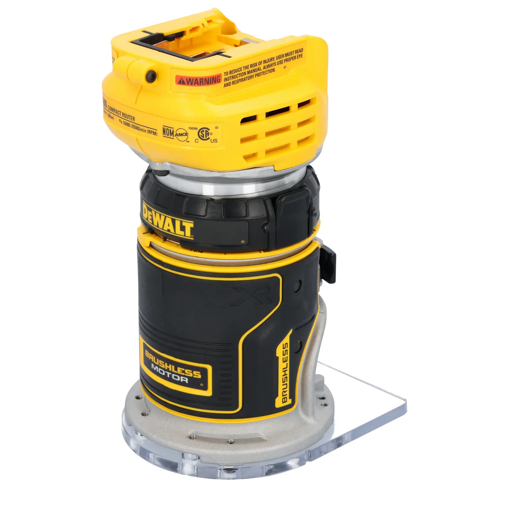 A DEWALT DCW600B cordless compact router, featuring a yellow and black design, with visible branding and brushless motor label. The router is positioned upright with a clear base and warning label on the side.