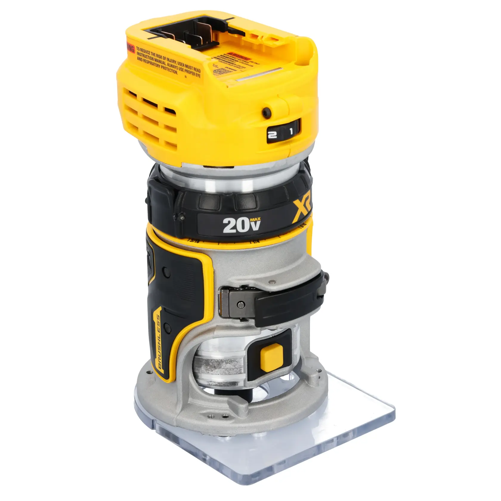 A DEWALT 20V cordless compact router, model DCW600B, with a yellow and black body and a clear plastic base, designed for woodworking and trim routing tasks.