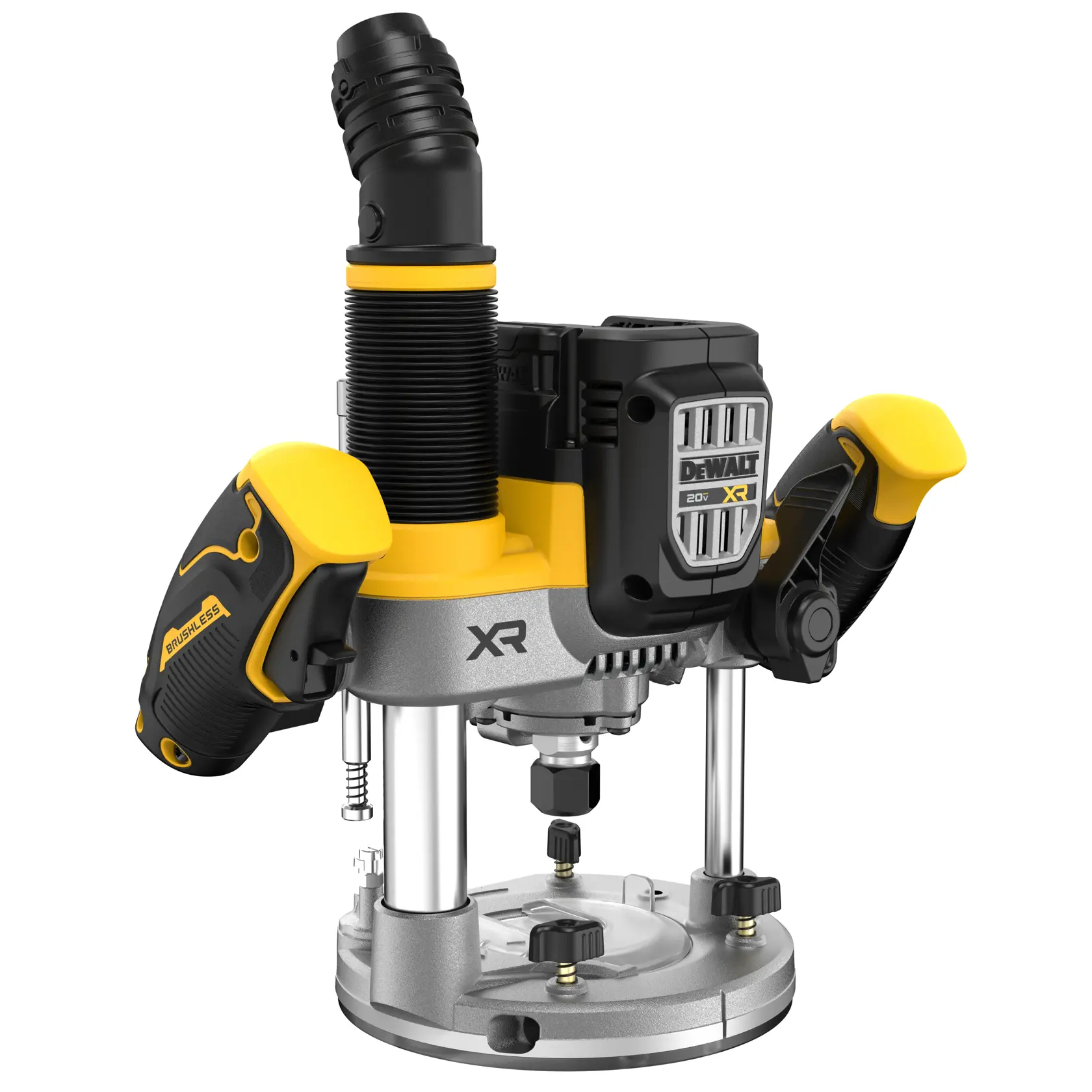 A DEWALT cordless brushless router with yellow and black accents, featuring dual handles, a clear base, and a dust extraction port, designed for woodworking and precision routing.
