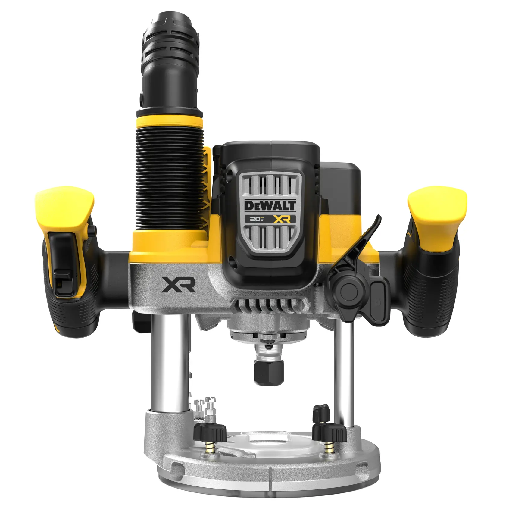 Front view of a DEWALT DCW620B 20V XR cordless router. The tool features yellow and black handles, a central motor unit, and a metal base, designed for woodworking and routing tasks.
