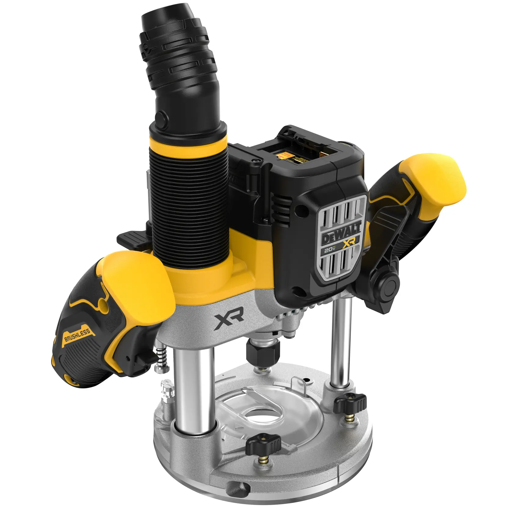 DEWALT cordless brushless router, model DCW620B, featuring ergonomic handles and dust extraction attachment, designed for woodworking and precision routing tasks.