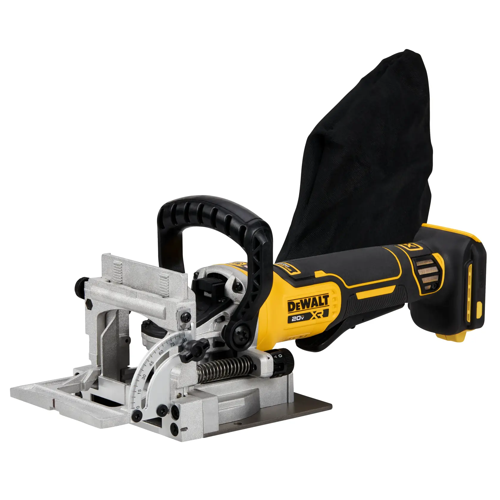 A DEWALT 20V cordless biscuit joiner tool with a dust bag attachment, shown in a side view with yellow and black design.