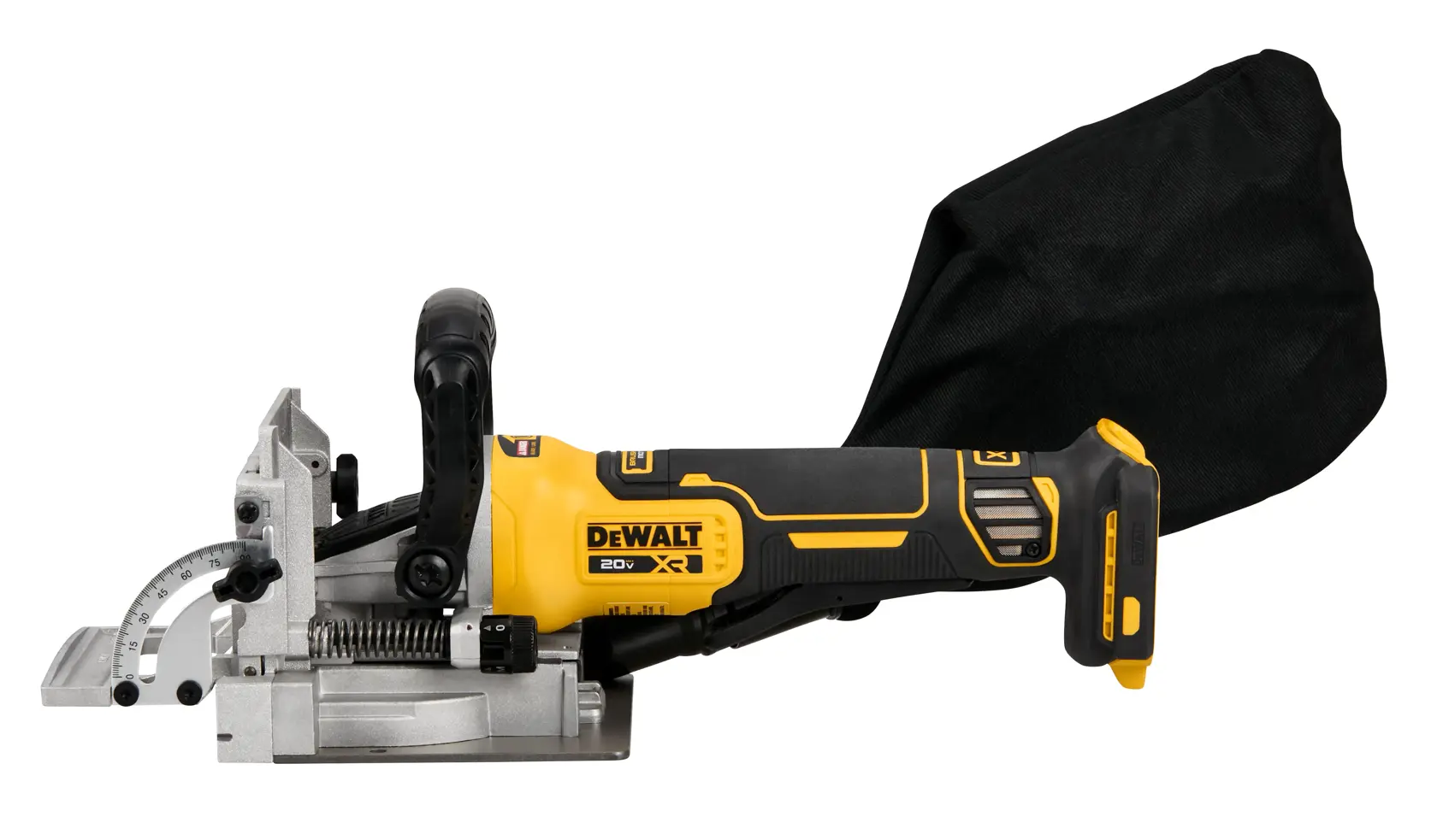 A DEWALT 20V cordless plate joiner tool with a black dust bag attached, shown in a side view. The tool features a yellow and black design and an adjustable metal fence.