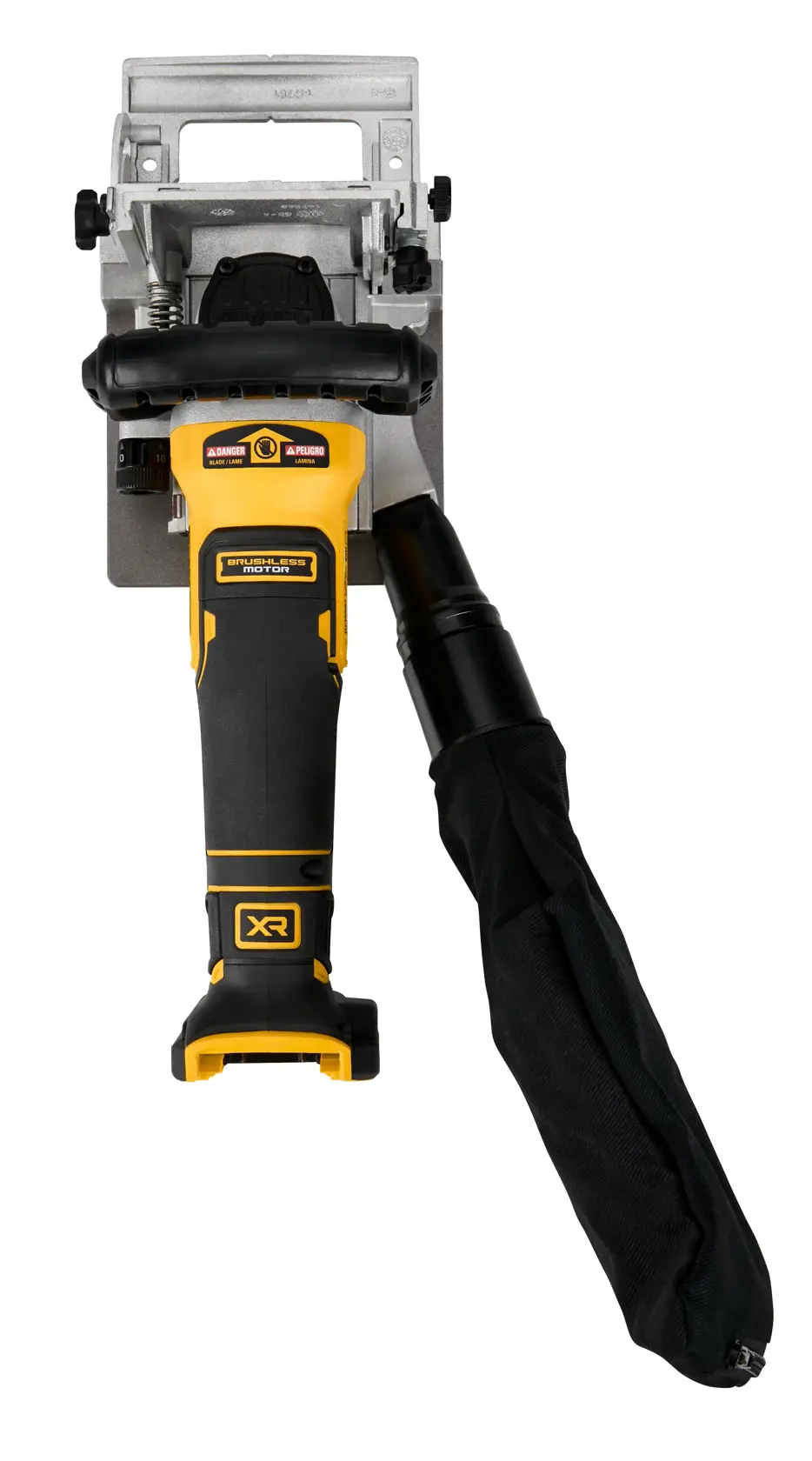 Front view of a DEWALT cordless biscuit joiner tool with a yellow and black handle and attached dust bag. The tool is designed for woodworking, allowing users to cut slots for biscuit joints.