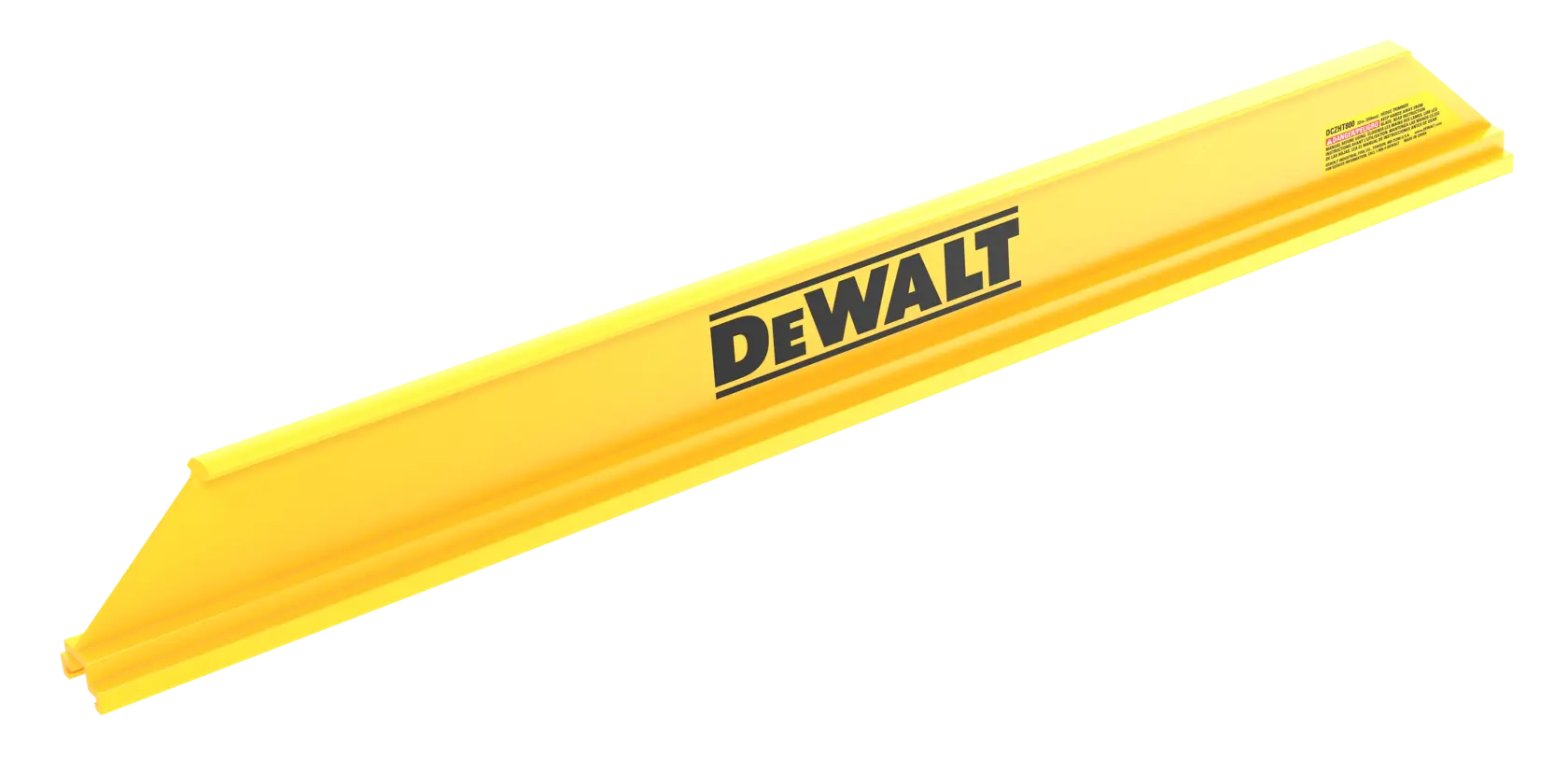 A yellow DEWALT branded straight edge tool, used for guiding saws or marking lines, with a triangular cross-section and DEWALT logo printed in black.