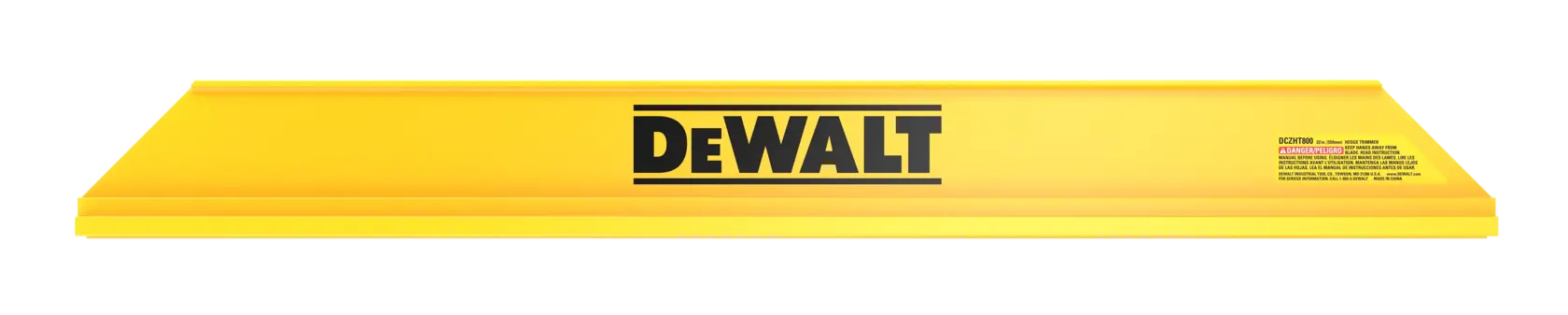 A yellow DEWALT branded straight edge tool, viewed from the front against a white background.