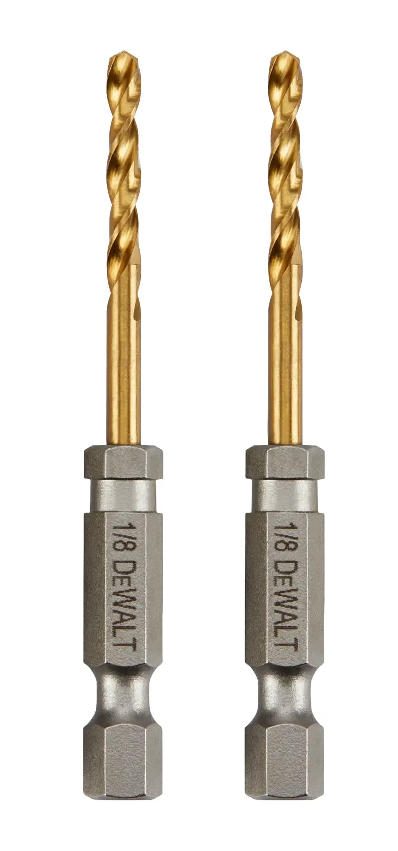 Two DEWALT 1/8 inch hex shank drill bits with gold-colored tips and silver bases, displayed upright side by side on a white background.