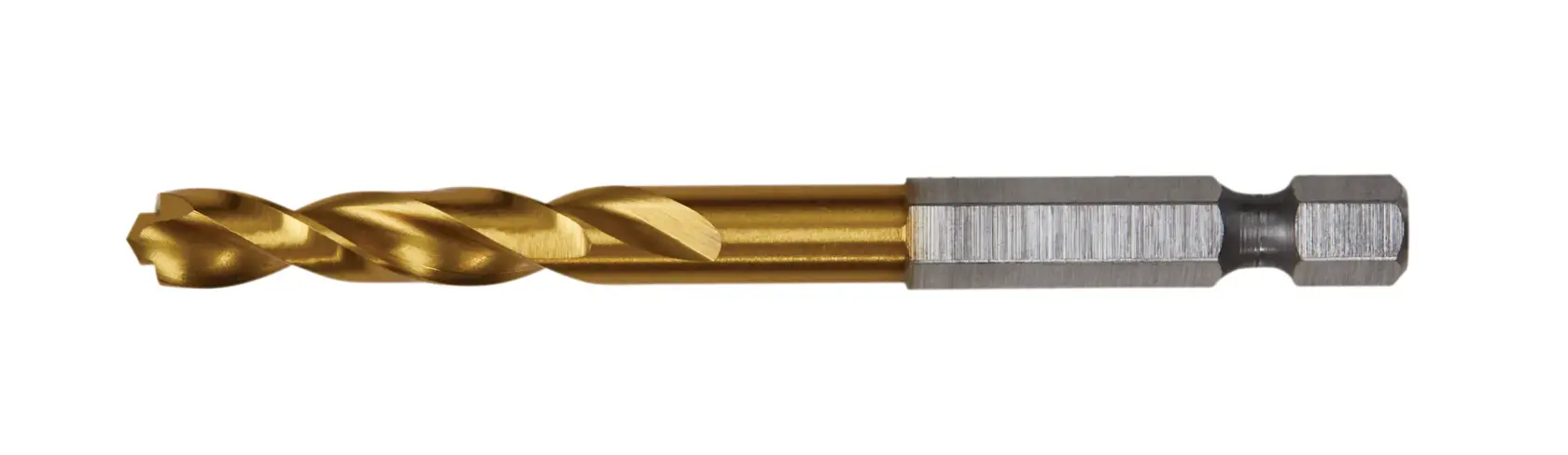 A close-up image of a gold and silver hex shank drill bit, designed for precise drilling in various materials.