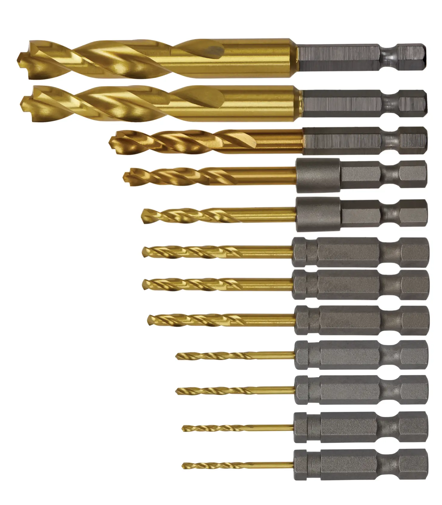 A set of twelve gold-colored DEWALT drill bits with hex shanks arranged in descending order of size on a white background.