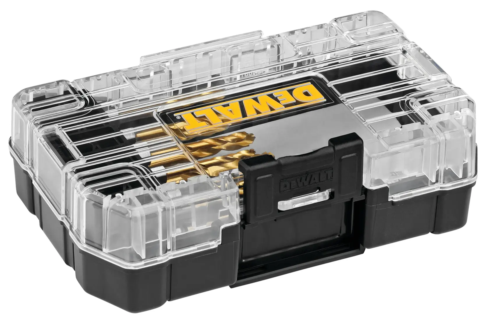 A DEWALT branded black and transparent plastic storage case containing a set of drill bits, viewed at an angle.