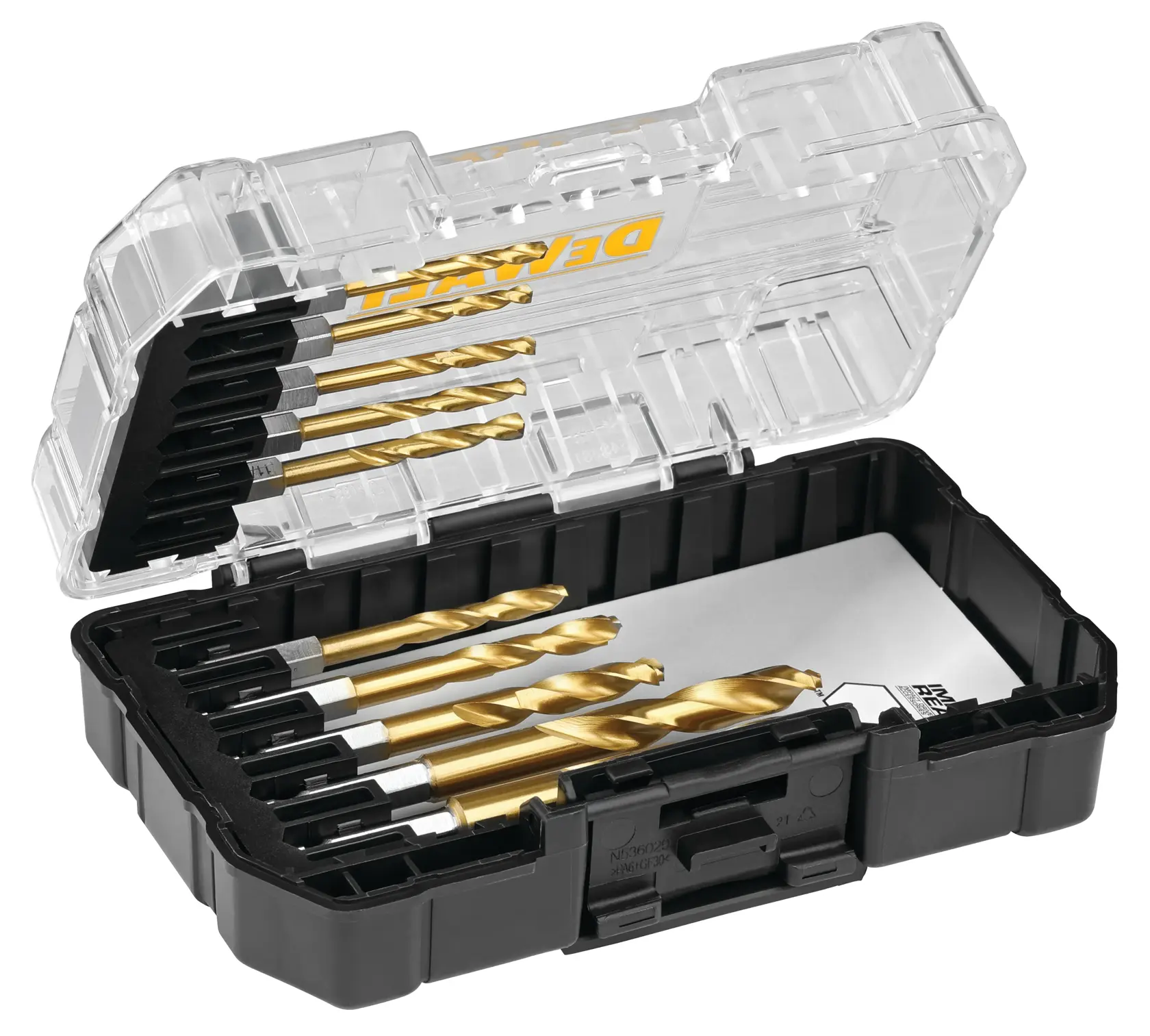 A set of DEWALT metal drill bits in a black plastic case with a transparent lid, showing several gold-colored drill bits organized neatly.
