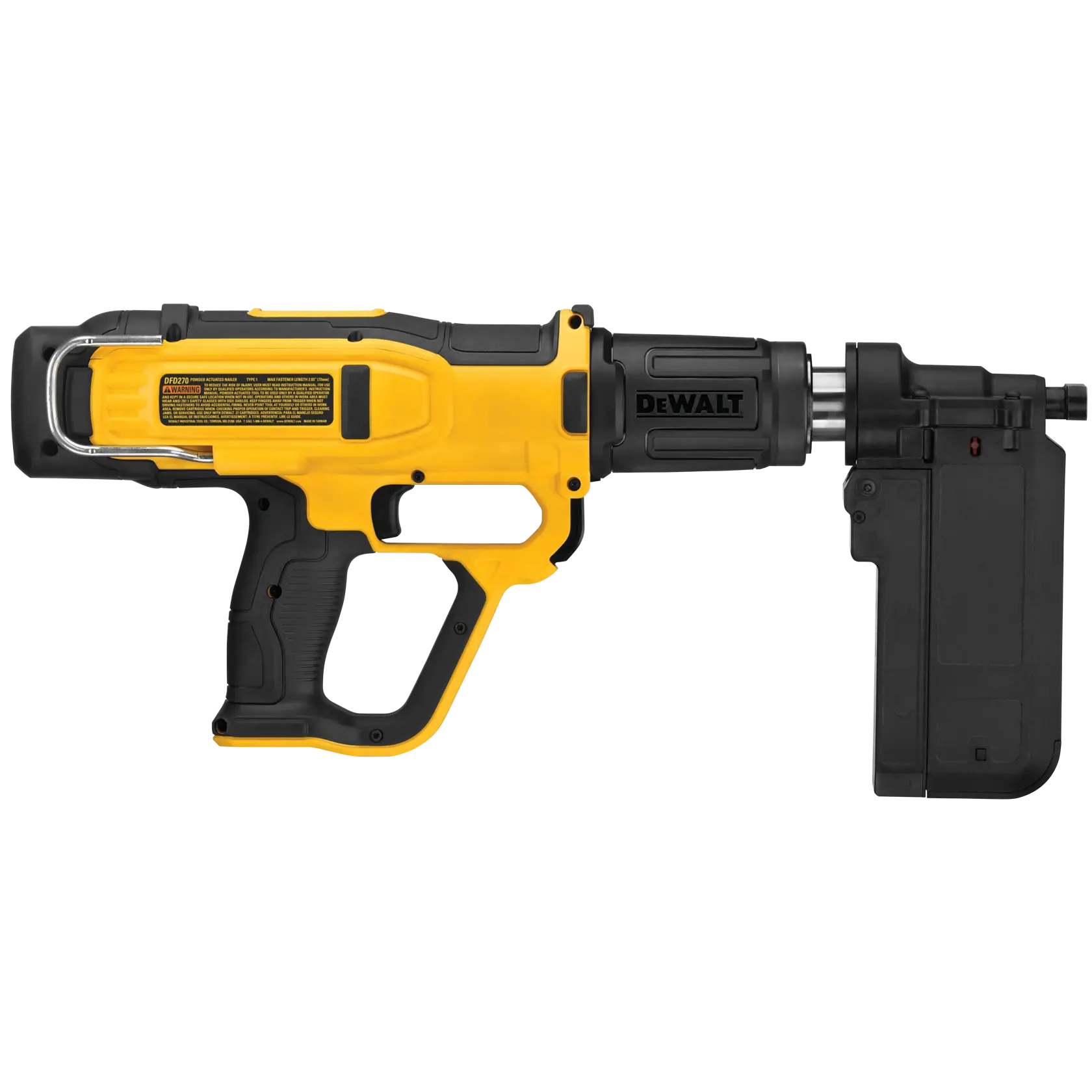 A DEWALT DFD270MK powder-actuated fastening tool shown in profile. The tool is primarily yellow with black accents and features a pistol-grip design, with a black DEWALT-branded barrel and magazine attachment.