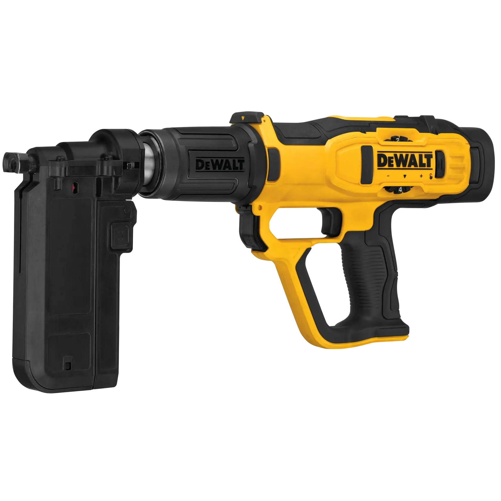 A DEWALT yellow and black powder-actuated tool designed for fastening, featuring a pistol grip and a magazine attachment.