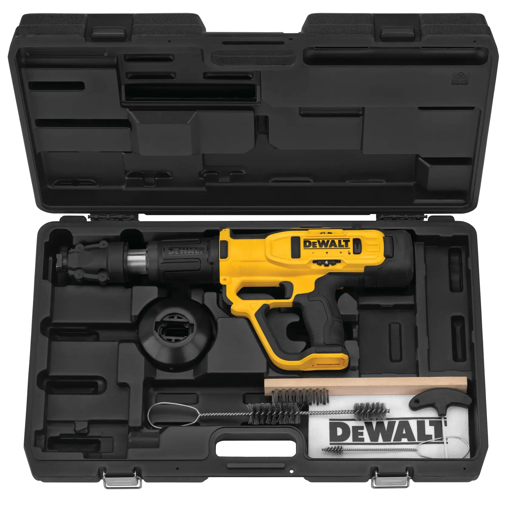 A DEWALT branded yellow and black tool kit is displayed in a hard carrying case. The kit includes a fastening tool, several accessory brushes, a cleaning rod, a wooden block, and other components organized in molded compartments.
