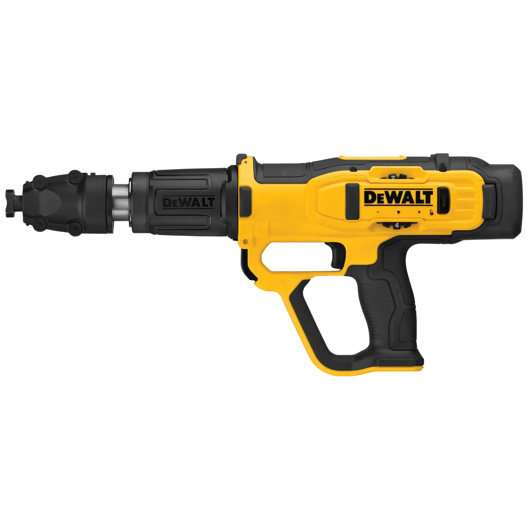 A DEWALT powder-actuated tool with a yellow and black body, designed for fastening applications in construction.