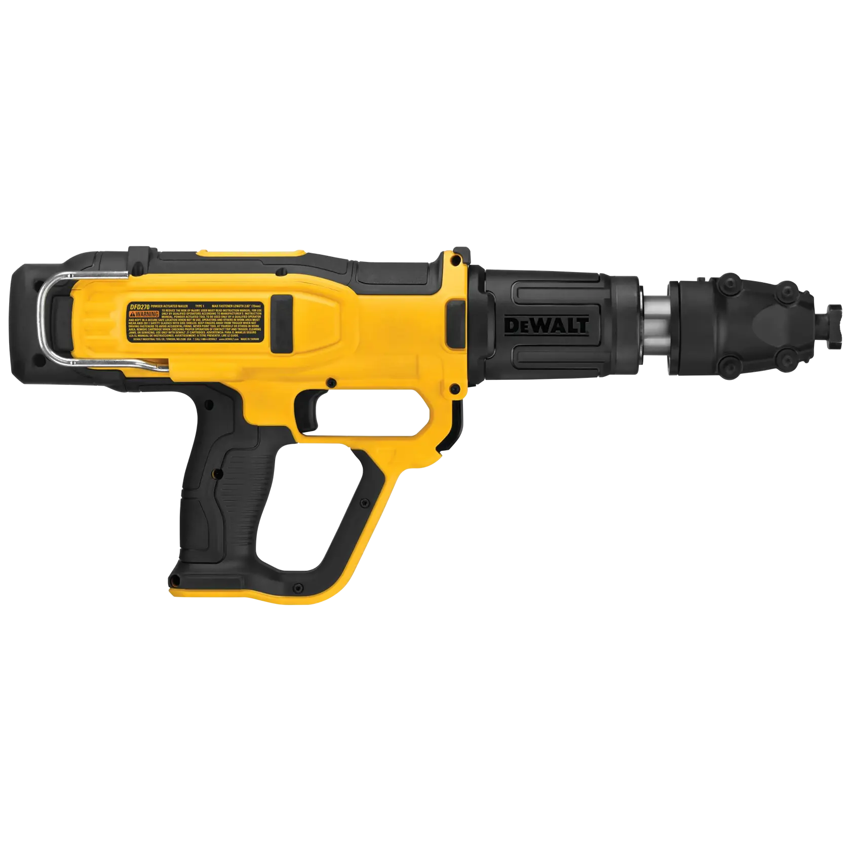 A DEWALT DFD270SK yellow and black powder-actuated fastening tool with pistol grip, designed for driving fasteners into concrete and steel, shown in a side view.