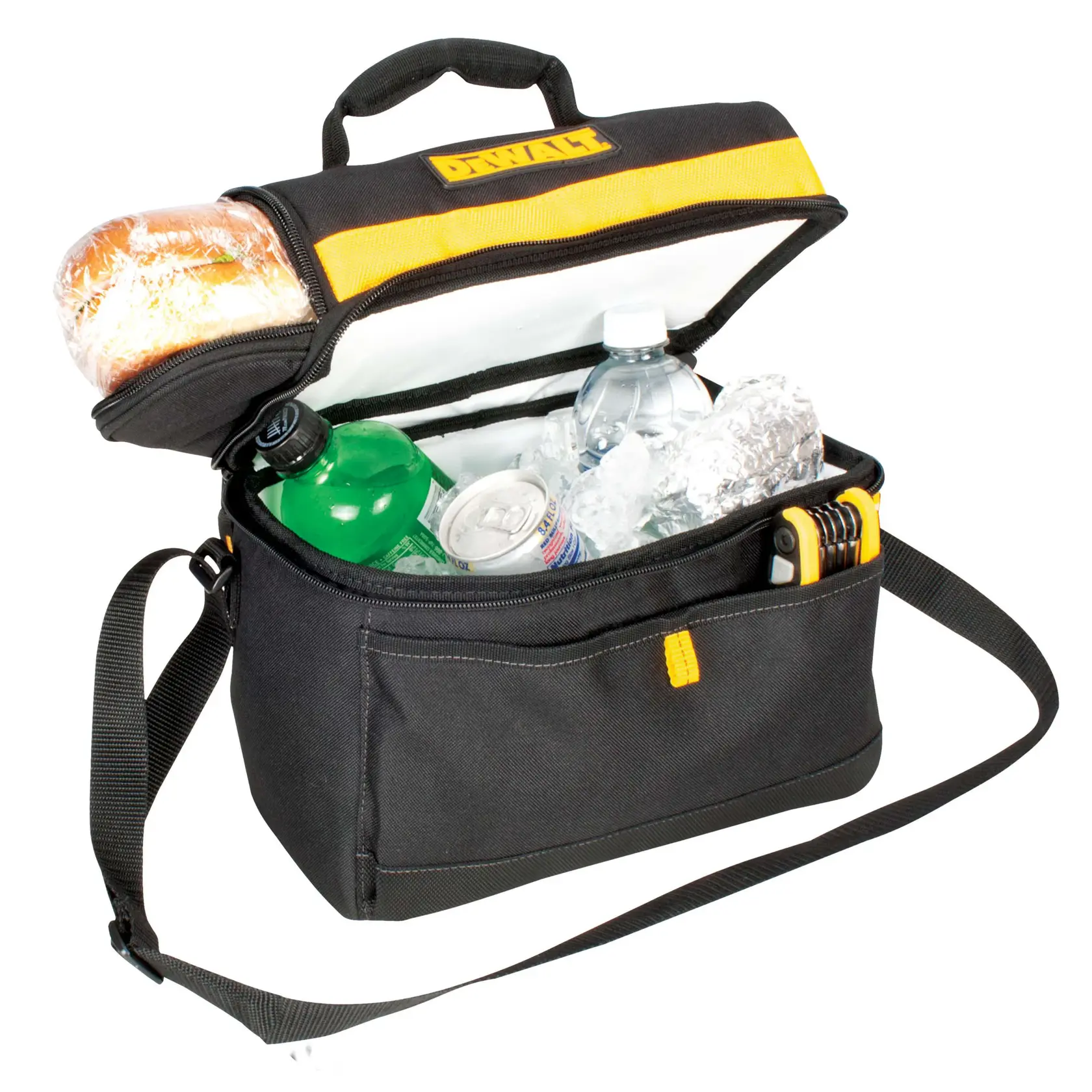 A black and yellow DEWALT insulated lunch bag with a shoulder strap, filled with food and drinks including a sandwich, bottled water, a soda, canned drink, foil-wrapped items, and a multi-tool in an exterior pocket.