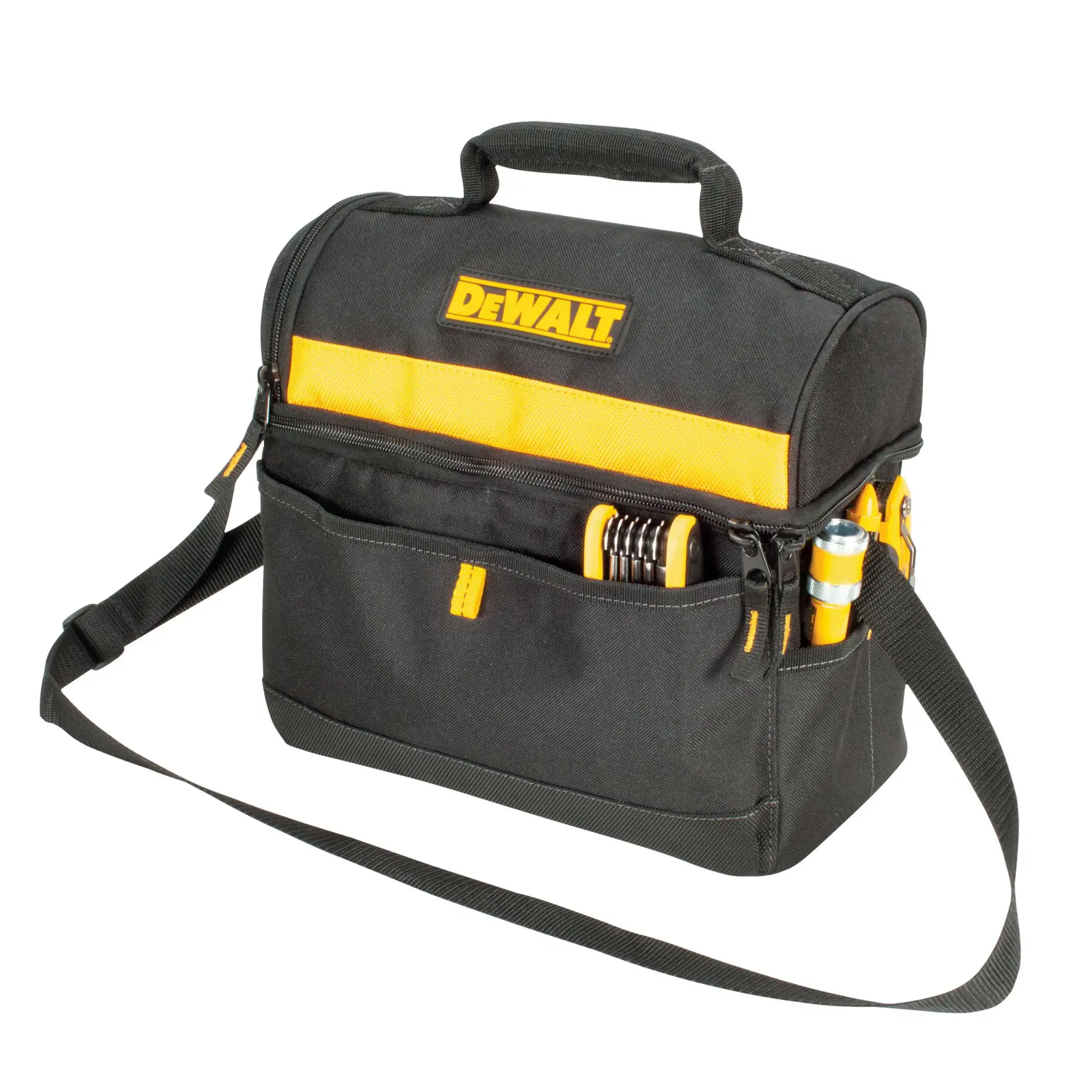 A black and yellow DEWALT branded tool bag with a shoulder strap and front pockets containing various hand tools.