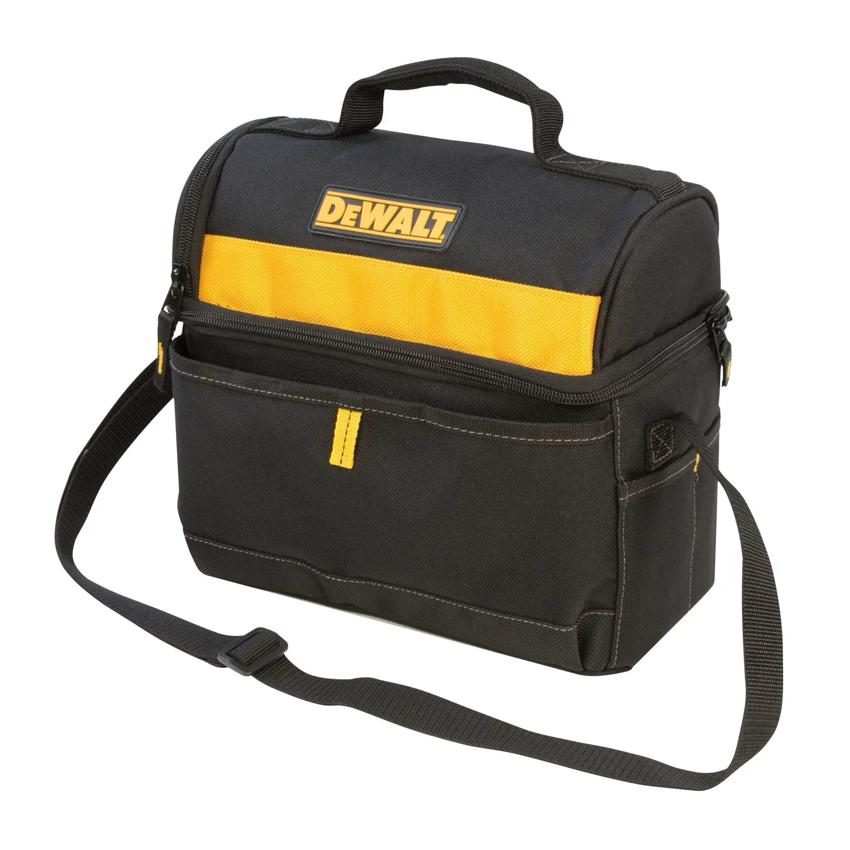 A DEWALT-branded black and yellow soft camera bag with a top handle, adjustable shoulder strap, front pocket, and zippered main compartment.