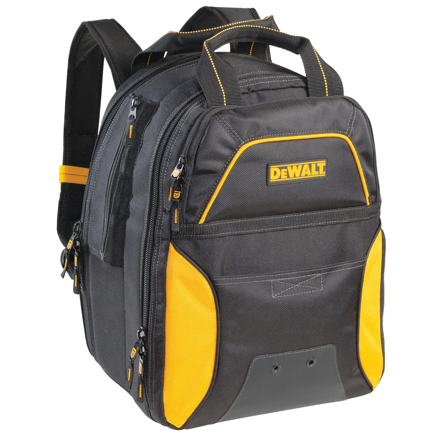 A black and yellow DEWALT backpack with multiple zippered compartments and sturdy handles, designed for holding tools and accessories.