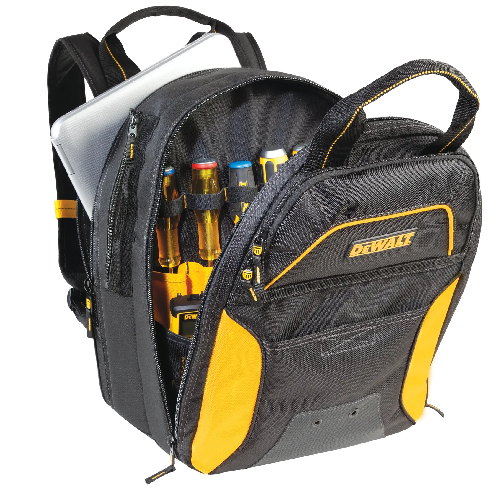 A DEWALT branded black and yellow backpack with multiple compartments, shown open with tools and a laptop inside. The backpack is designed for carrying tools and equipment.