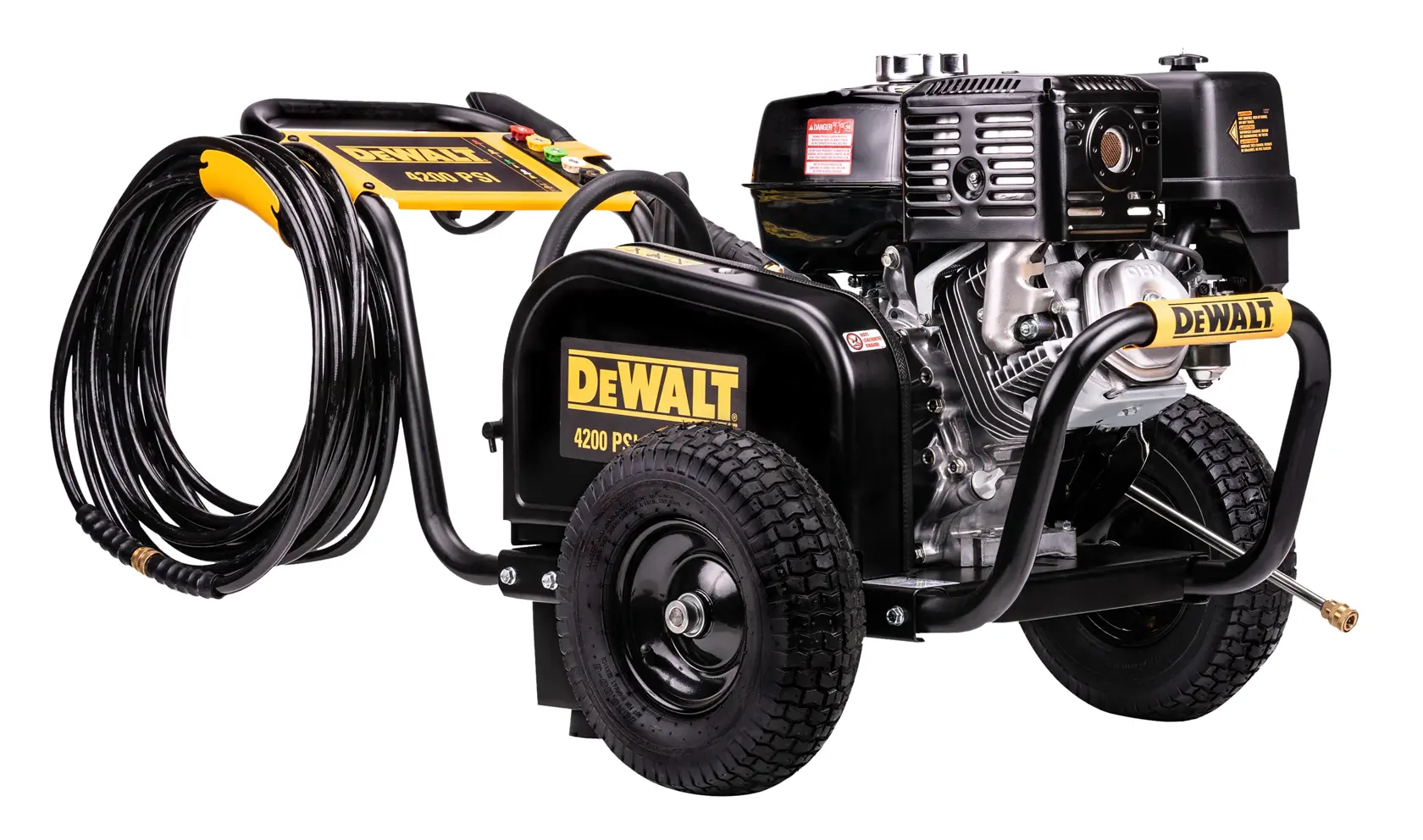 A DEWALT 4200 PSI pressure washer with a gas engine, mounted on two wheels, featuring a black and yellow design and a long coiled hose.