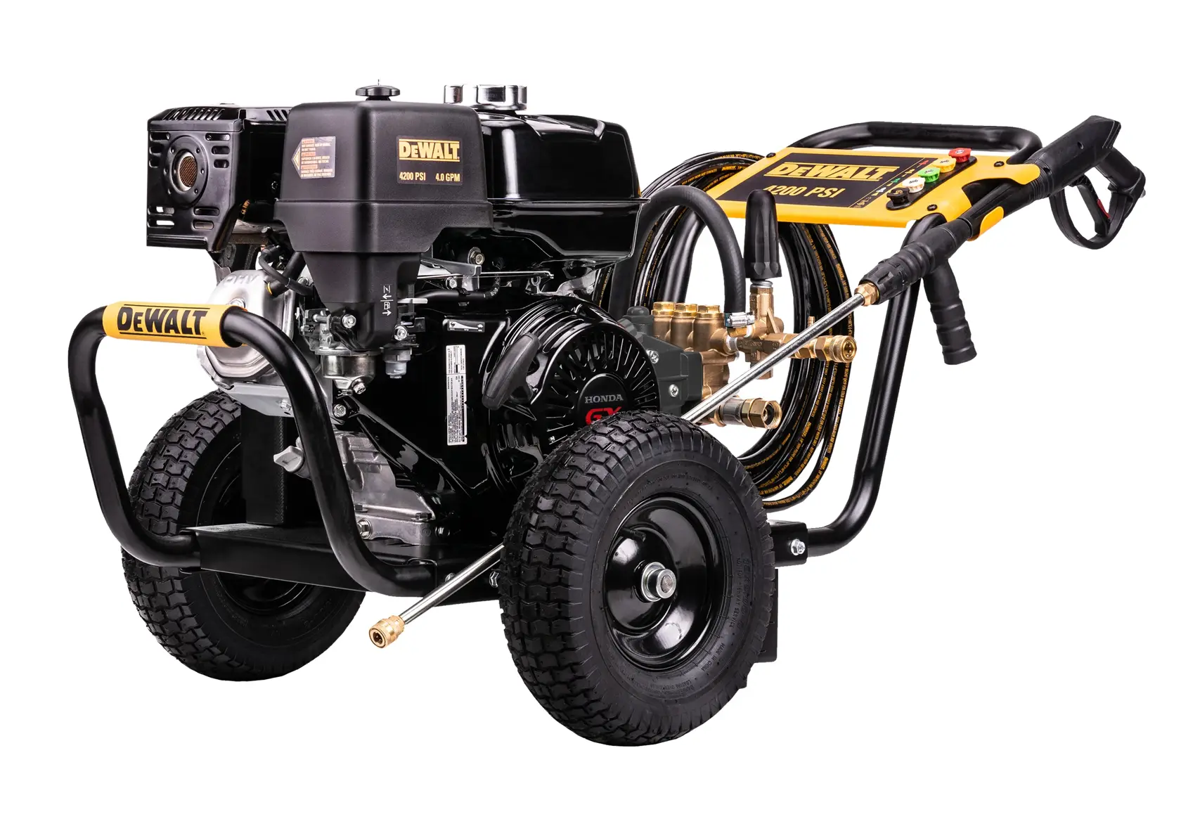A DEWALT branded heavy-duty pressure washer on two wheels, featuring a black and yellow frame, a mounted engine, hose, and spray wand.