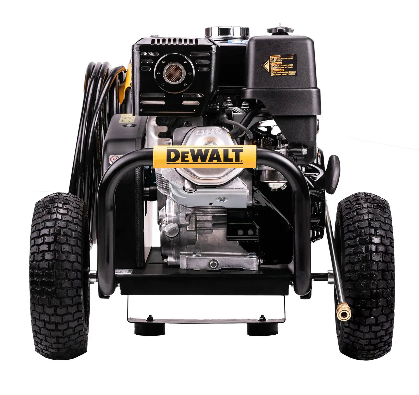 Front view of a DEWALT portable pressure washer with black frame, two large rubber tires, hose coiled on the left, engine components, and DEWALT logo displayed on the handlebar.