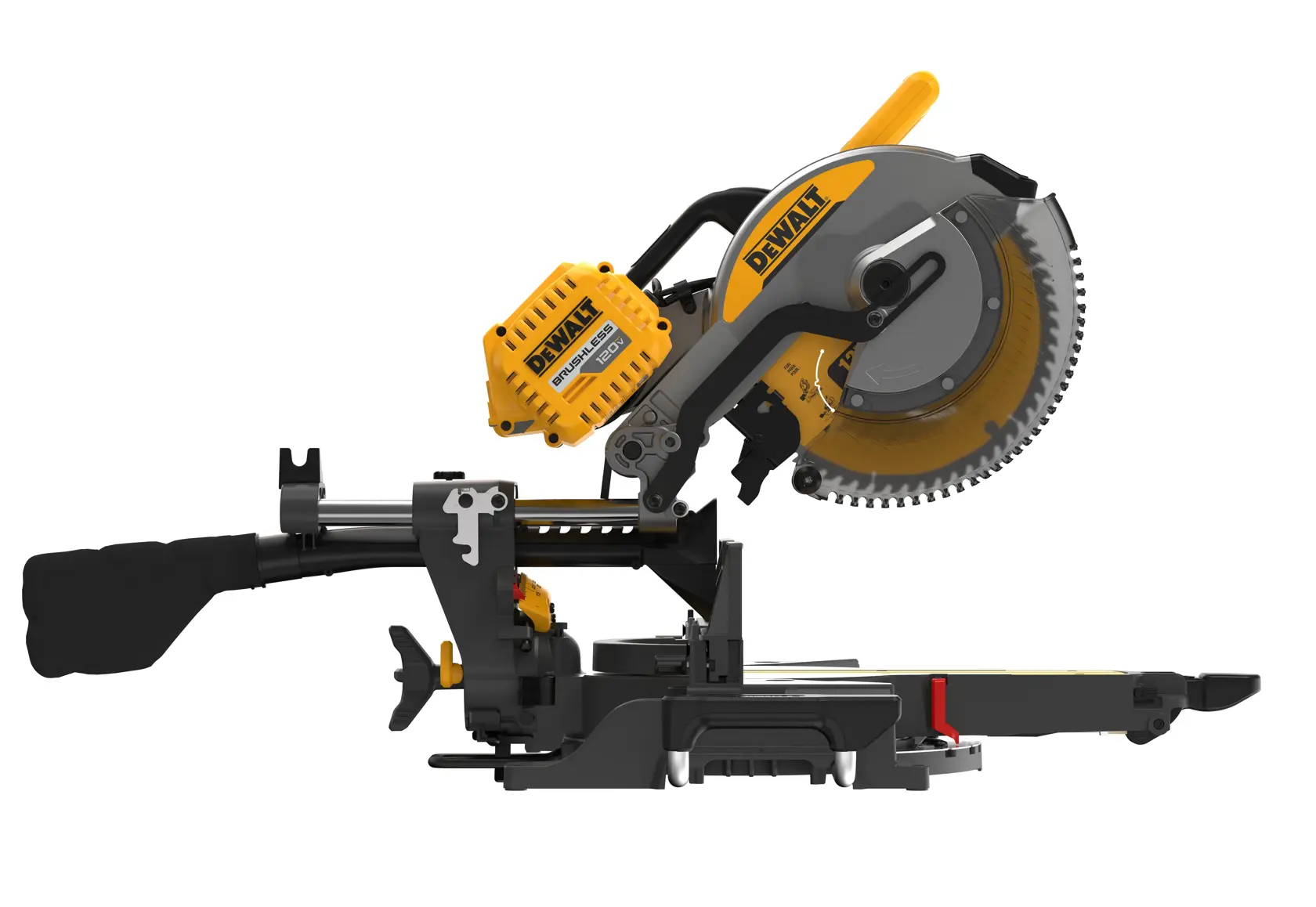 A DEWALT DHS790AB sliding compound miter saw with a yellow and black design, featuring a large circular blade and adjustable arm, shown in a side profile view.