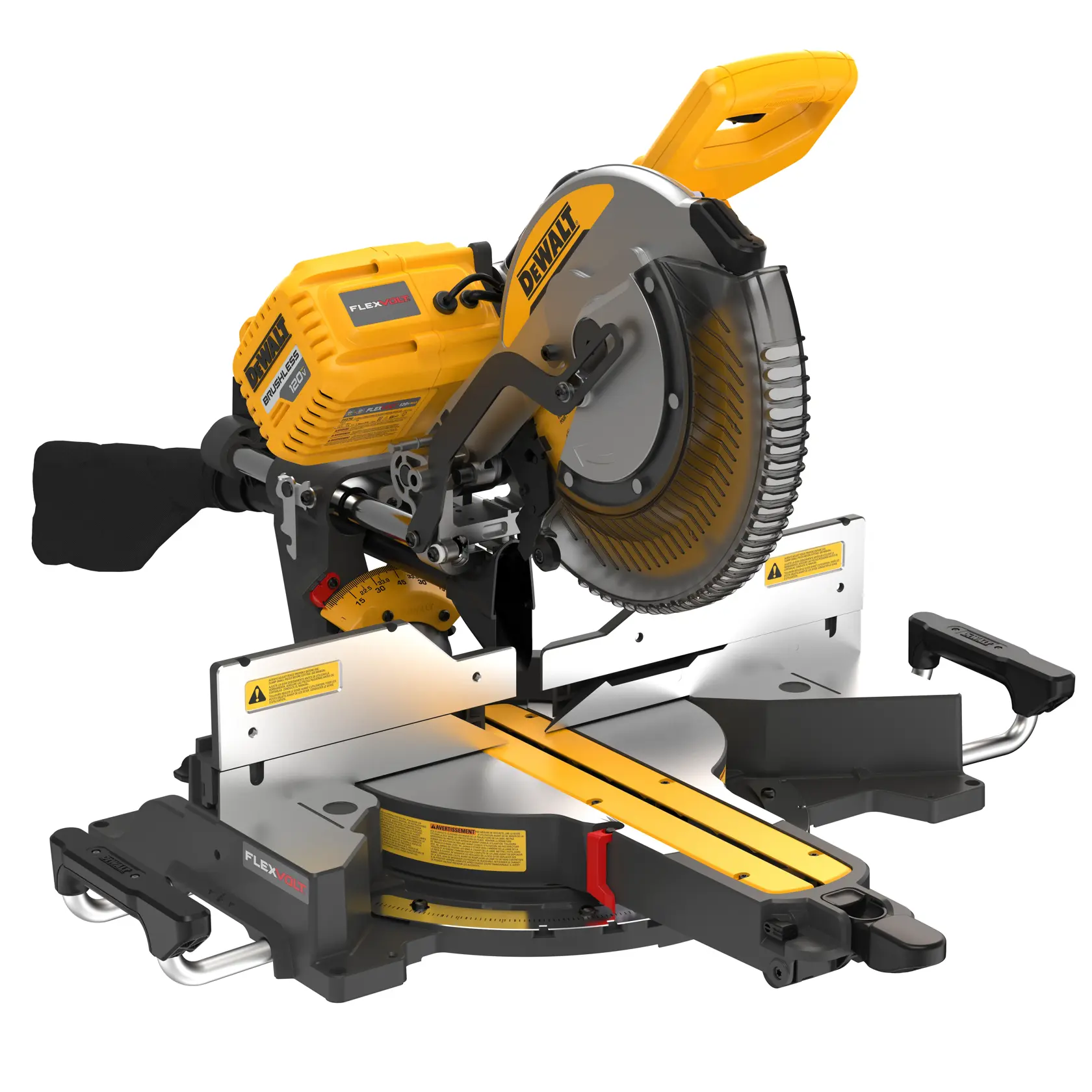 A DEWALT DHS790AB compound sliding miter saw, featuring a yellow and black design, a circular blade with safety guards, a handle, and a dust collection bag attached at the rear, positioned on a work surface.