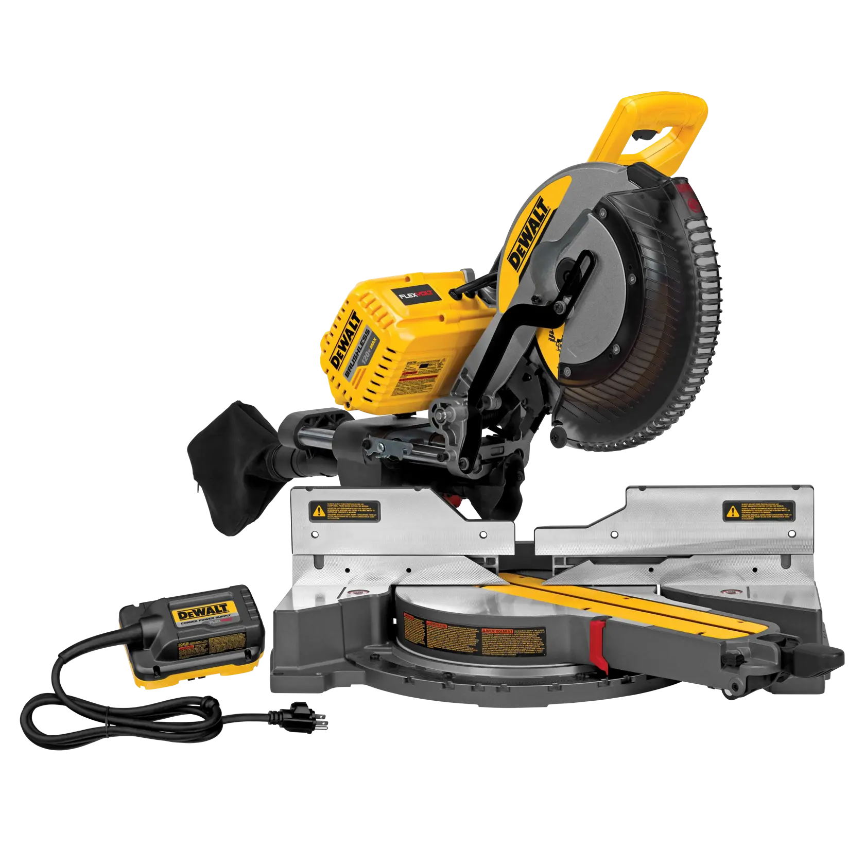 A DEWALT branded sliding compound miter saw, model DHS790AB, shown with a yellow and black body, dust collection bag, and power cord. The saw is designed for precision wood cutting and includes a battery charger accessory.