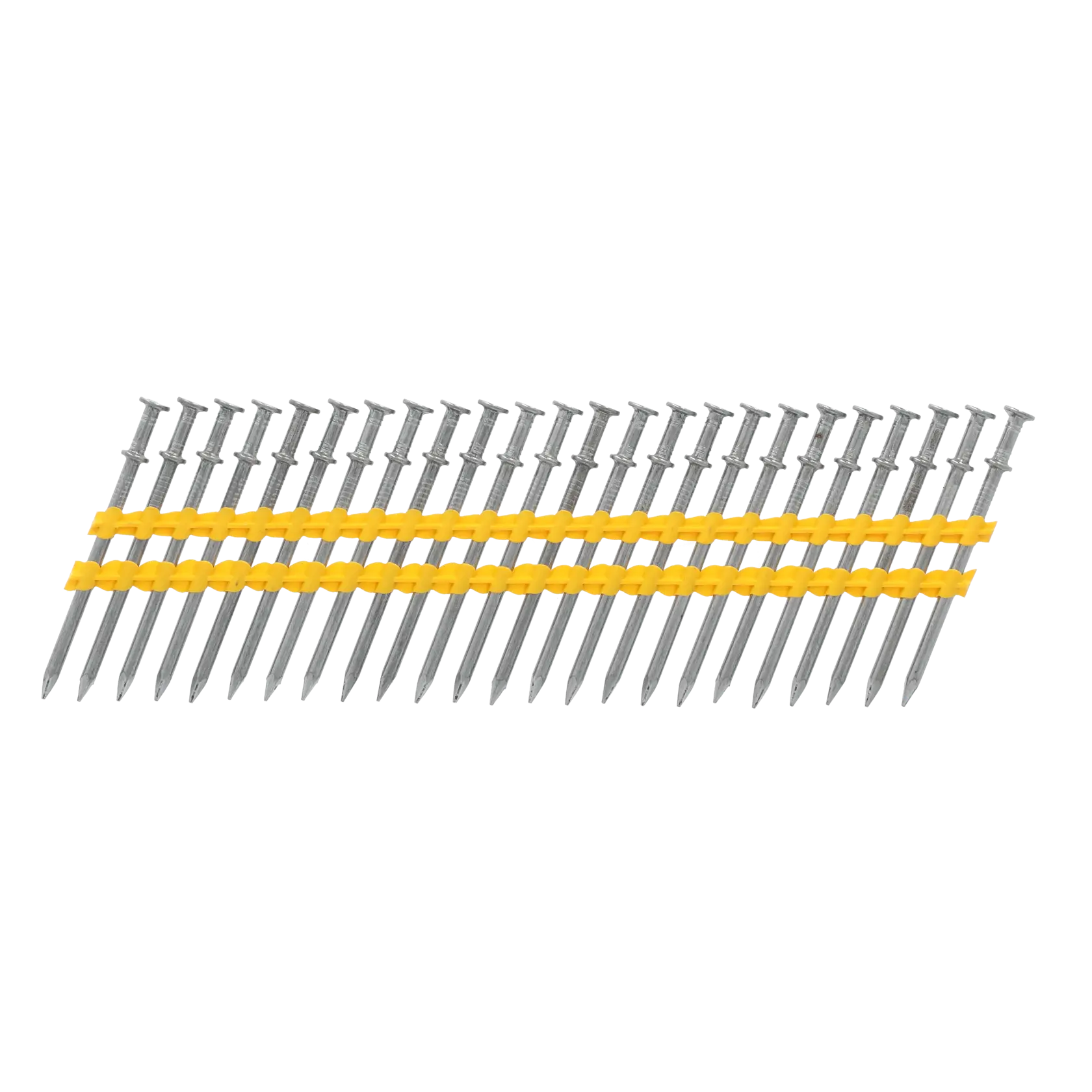 A strip of collated metal nails connected by yellow plastic, designed for use in a nail gun.