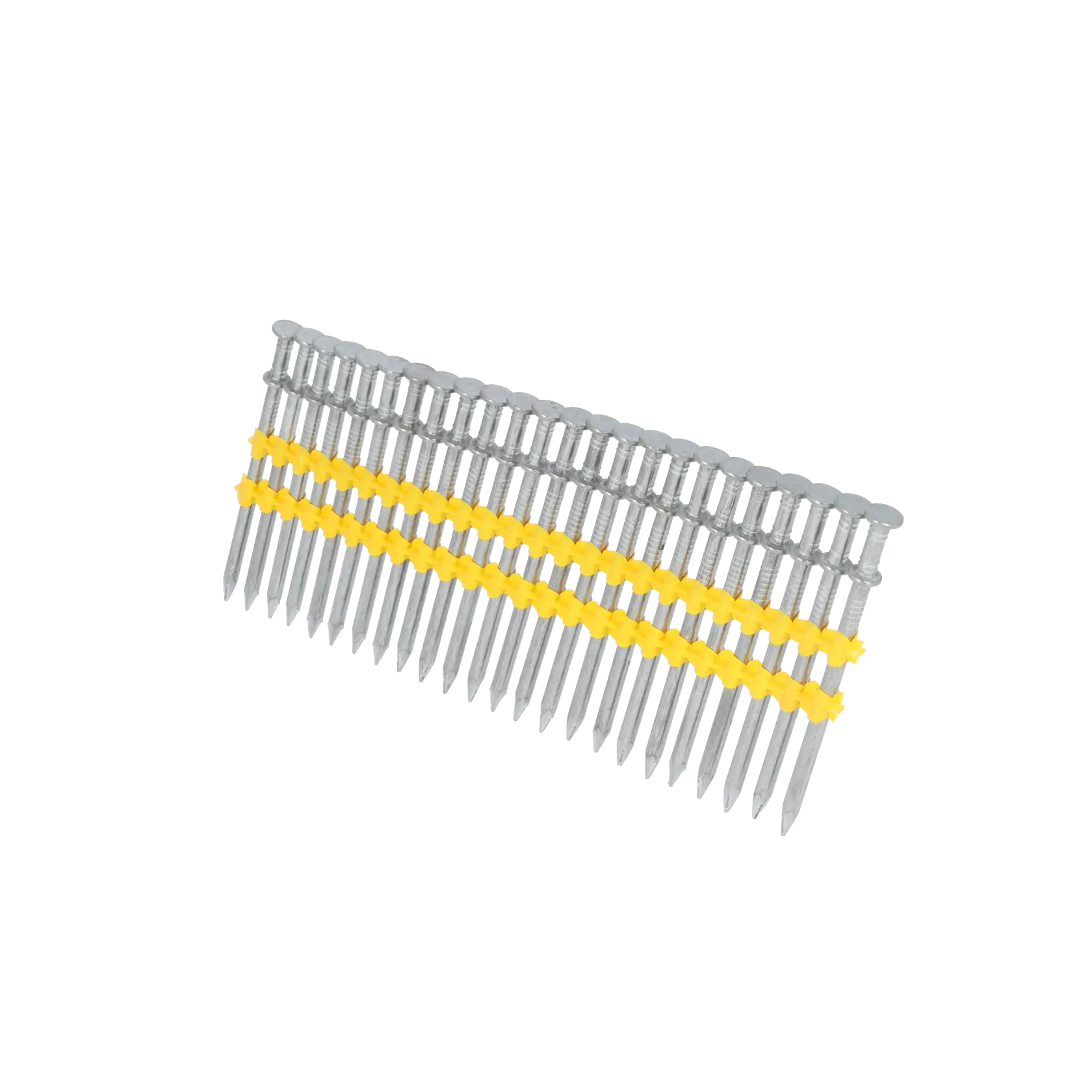 A strip of collated framing nails held together by yellow plastic, used for a nail gun.