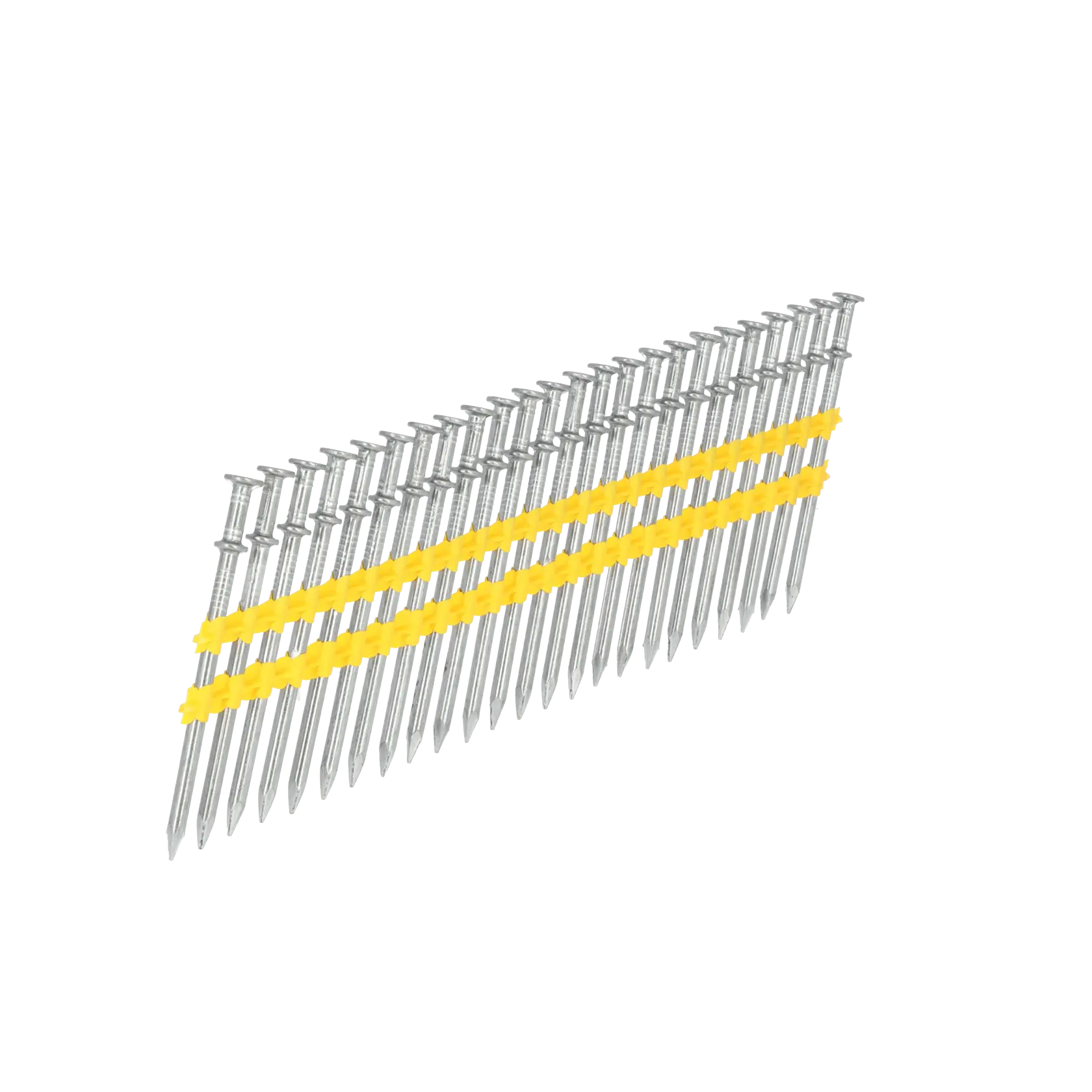 A strip of collated framing nails held together by yellow plastic, typically used in a nail gun for construction or carpentry.