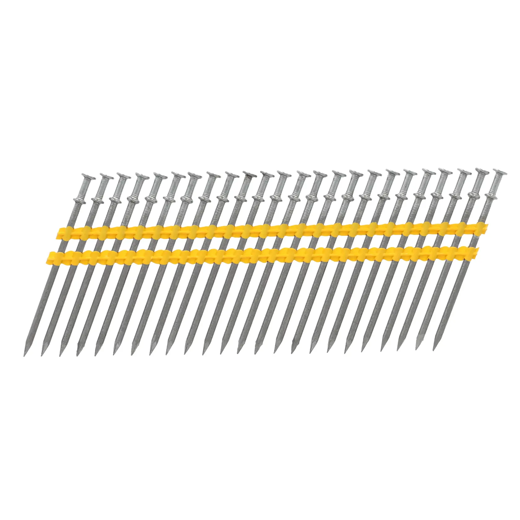 A set of 20 collated framing nails with a yellow plastic strip, arranged diagonally. The nails have flat heads and are designed for use with a nail gun.