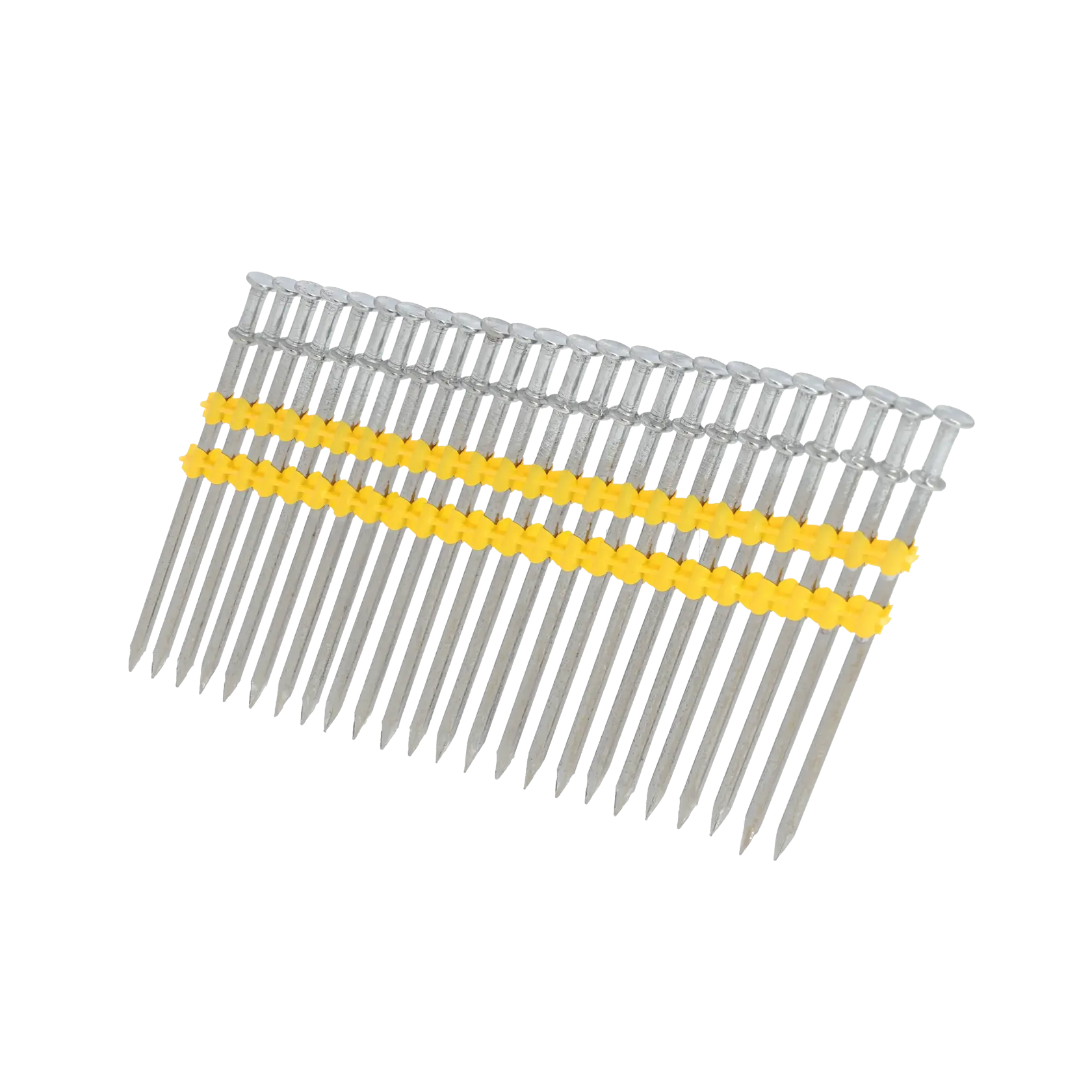 A strip of collated framing nails with yellow plastic and metal heads, aligned at an angle for use in a nail gun.