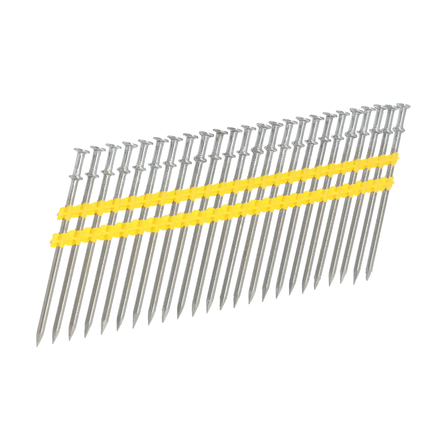 A strip of collated framing nails held together by two yellow plastic bands, arranged at an angle for use in a nail gun.
