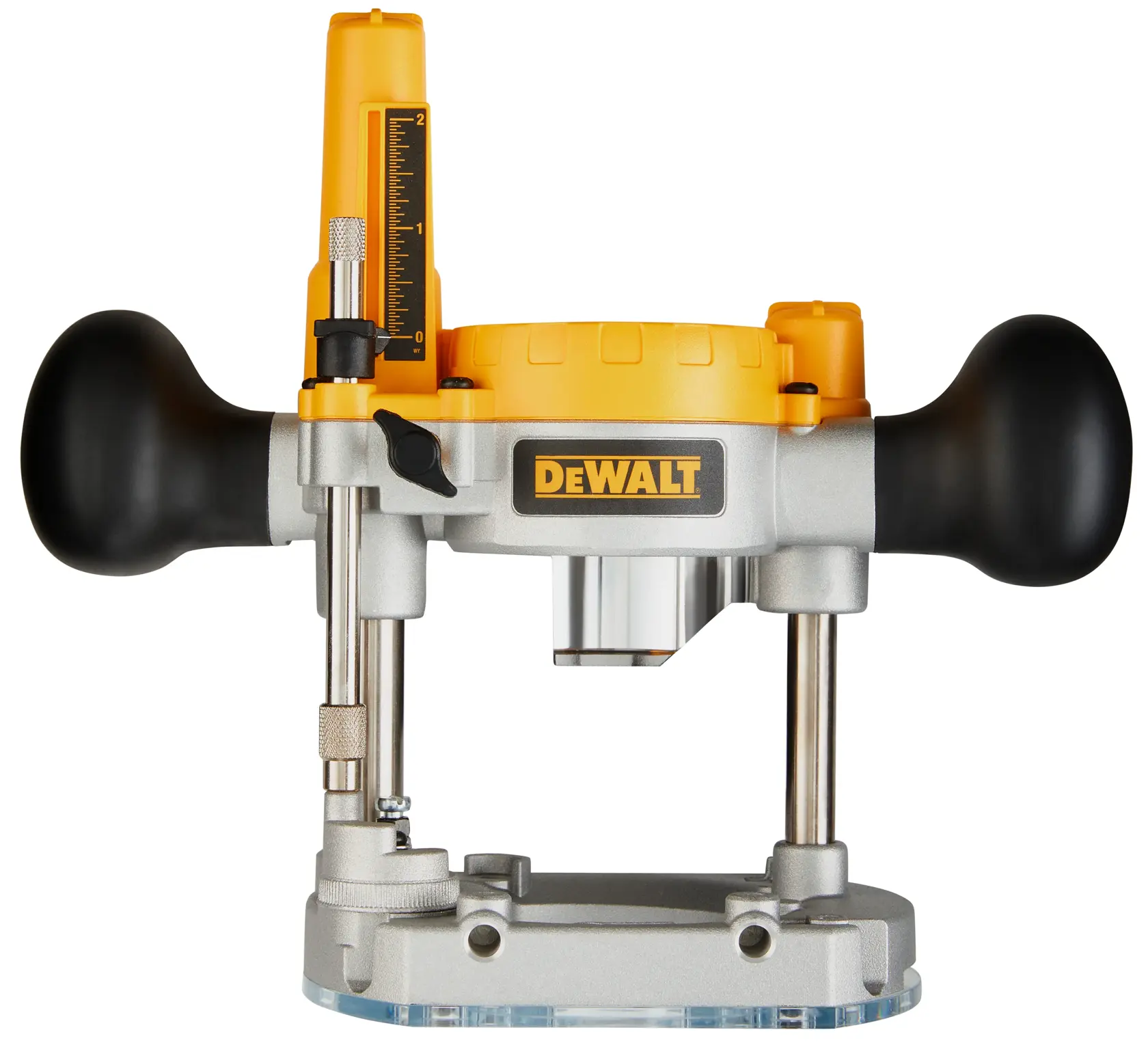 A DEWALT plunge router with yellow and black components, two handles, a metal base, and a depth adjustment guide, shown on a white background.