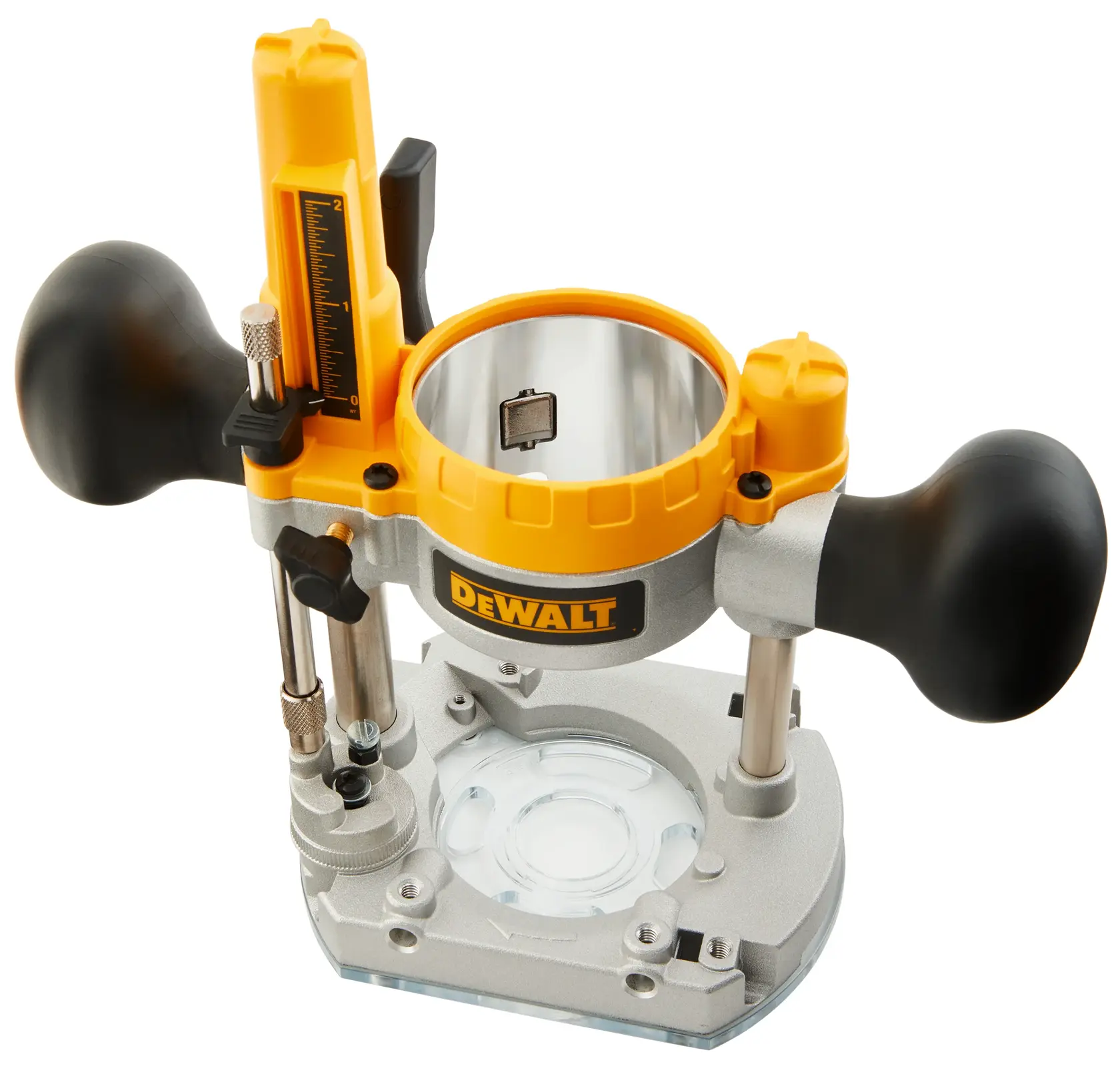 DEWALT router base attachment with two ergonomic black handles, a yellow body, and metal components. The tool features a clear bottom plate and depth adjustment scale.