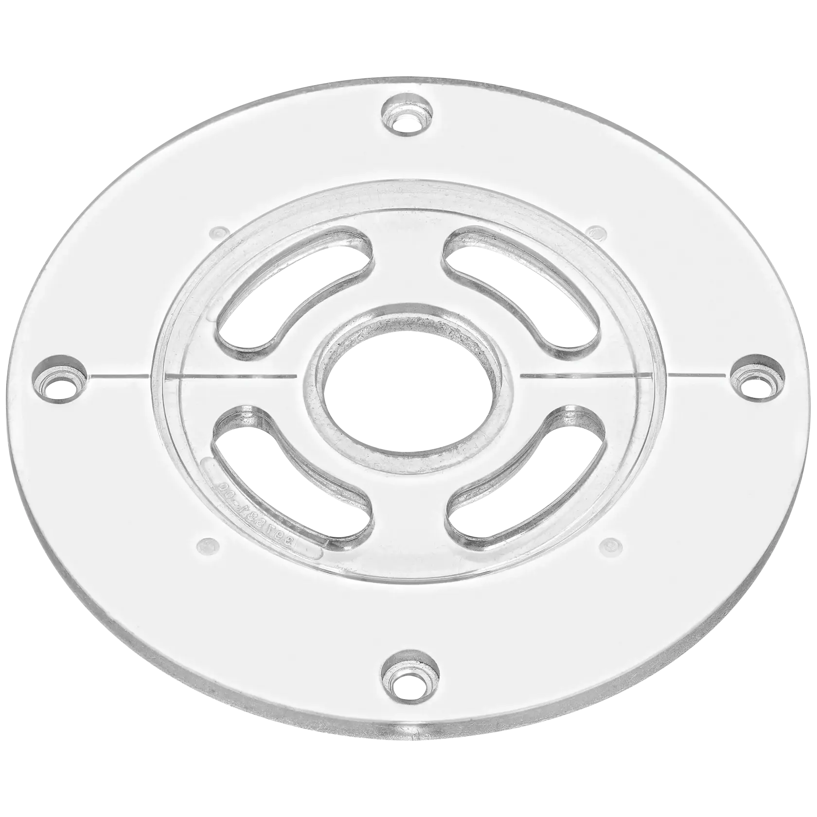 A clear, round router base plate with metal reinforcement in the center, featuring multiple holes for mounting. The plate is designed for use with DEWALT routers.