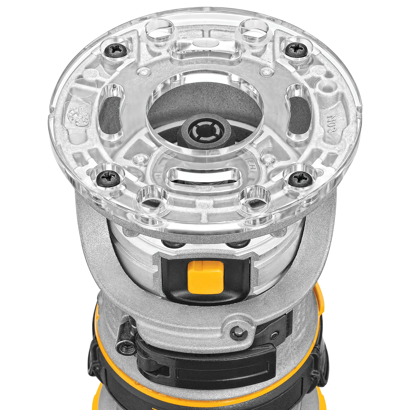 Close-up view of a DEWALT router tool, showing its transparent base plate, metal body, and yellow switch.